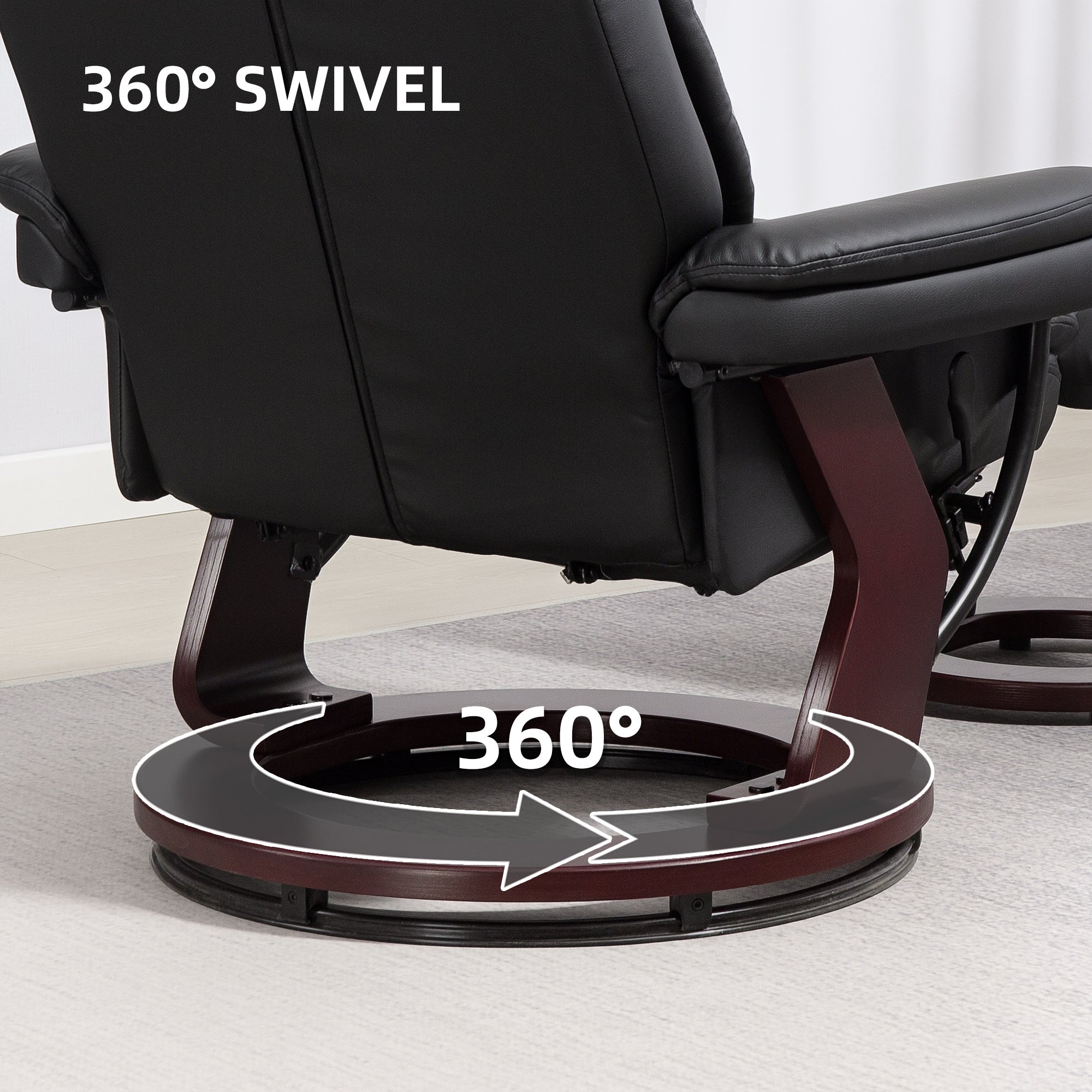 Swivel Recliner Chair with Ottoman, PU Leather Recliner with Adjustable Backrest, Footrest, Wood Base, Upholstered Reclining Chair for Living Room, Bedroom, Office, Black