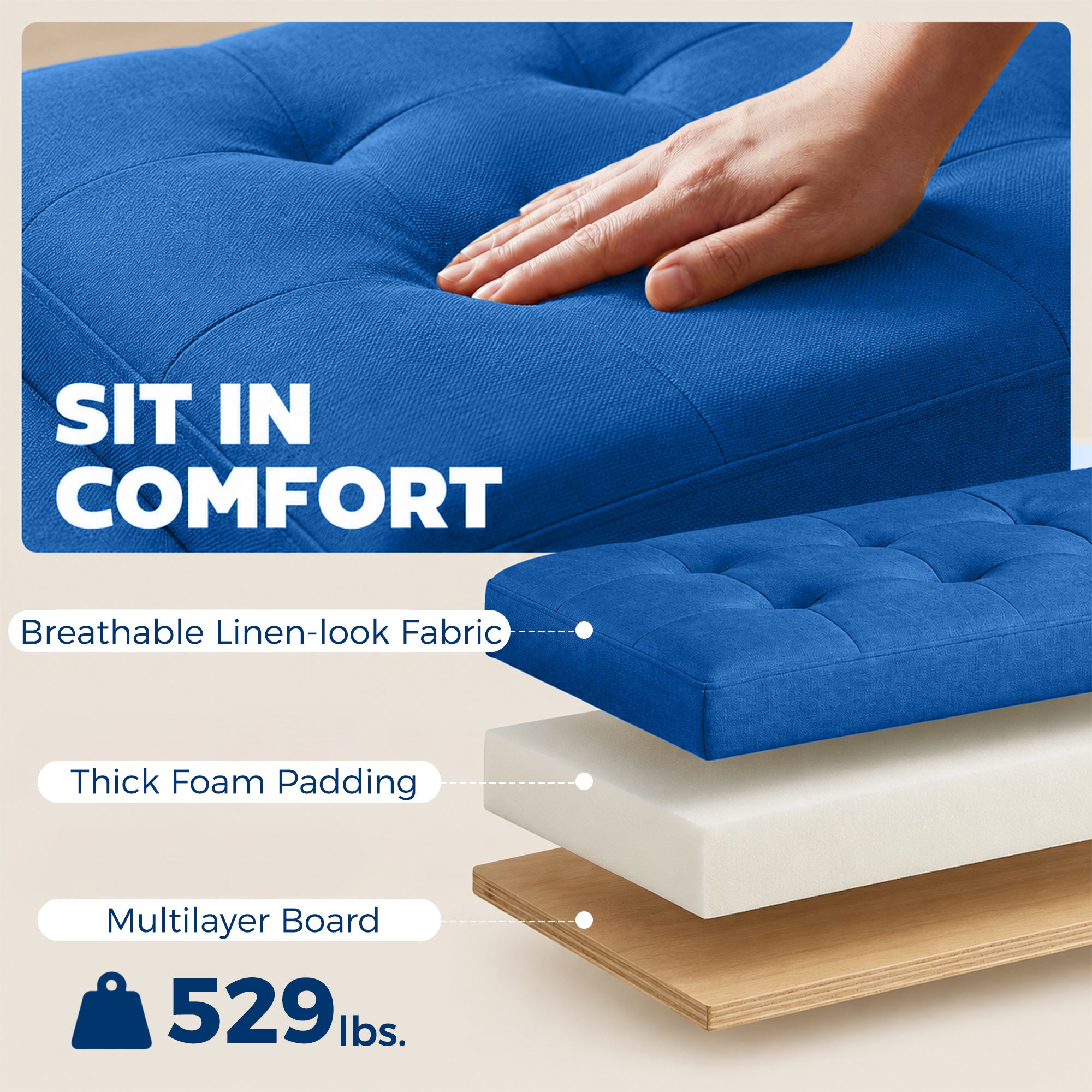 36.6" Tufted Fabric Rectangular Storage Ottoman, Sitting Bench with Armrests and Wooden Legs, Holds up to 528 lbs, for Entryway, Living Room, Bedroom, Blue