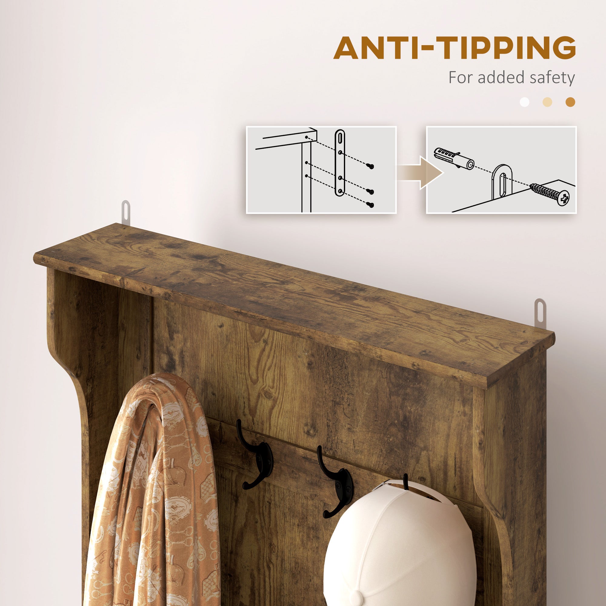 4-In-1 Hall Tree with Bench, 28" Coat Rack with Flip Top Storage Box, 4 Hooks and Top Shelf for Entryway, Hallway, Living Room, Rustic Brown