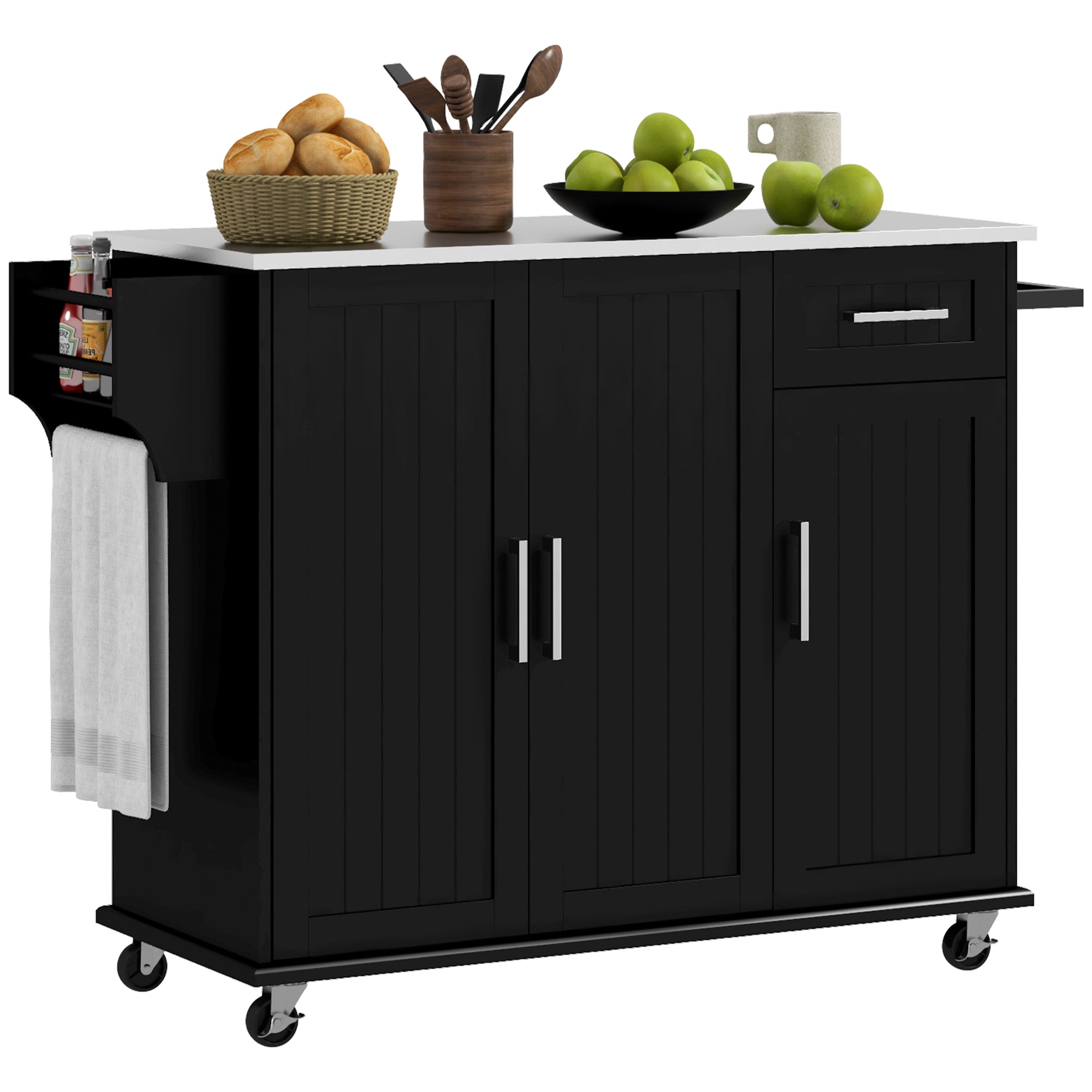 Kitchen Island with Wheels, Kitchen Island on Wheels with Drawer, 3 Cabinets, Stainless Steel Countertop, Black