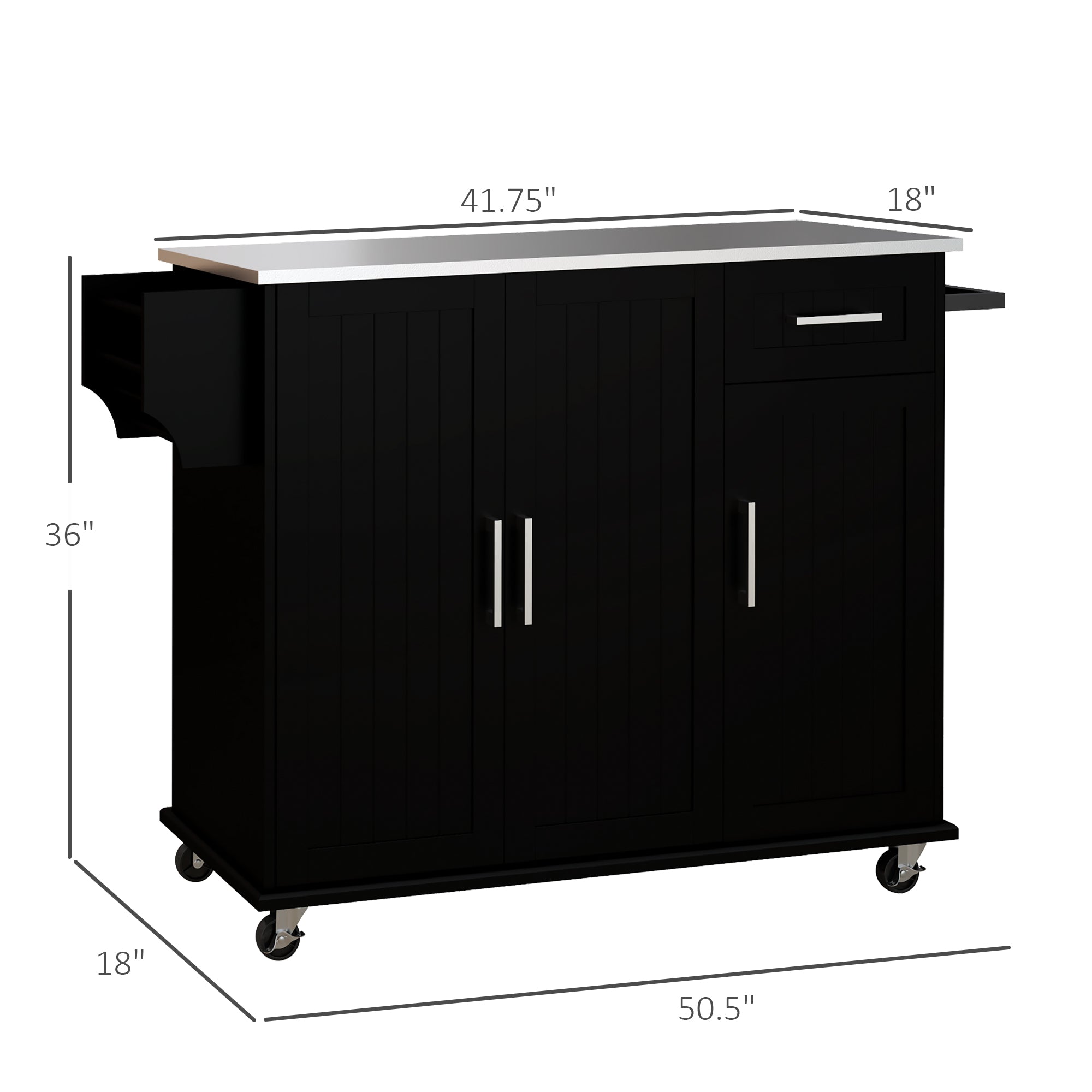 Kitchen Island with Wheels, Kitchen Island on Wheels with Drawer, 3 Cabinets, Stainless Steel Countertop, Black