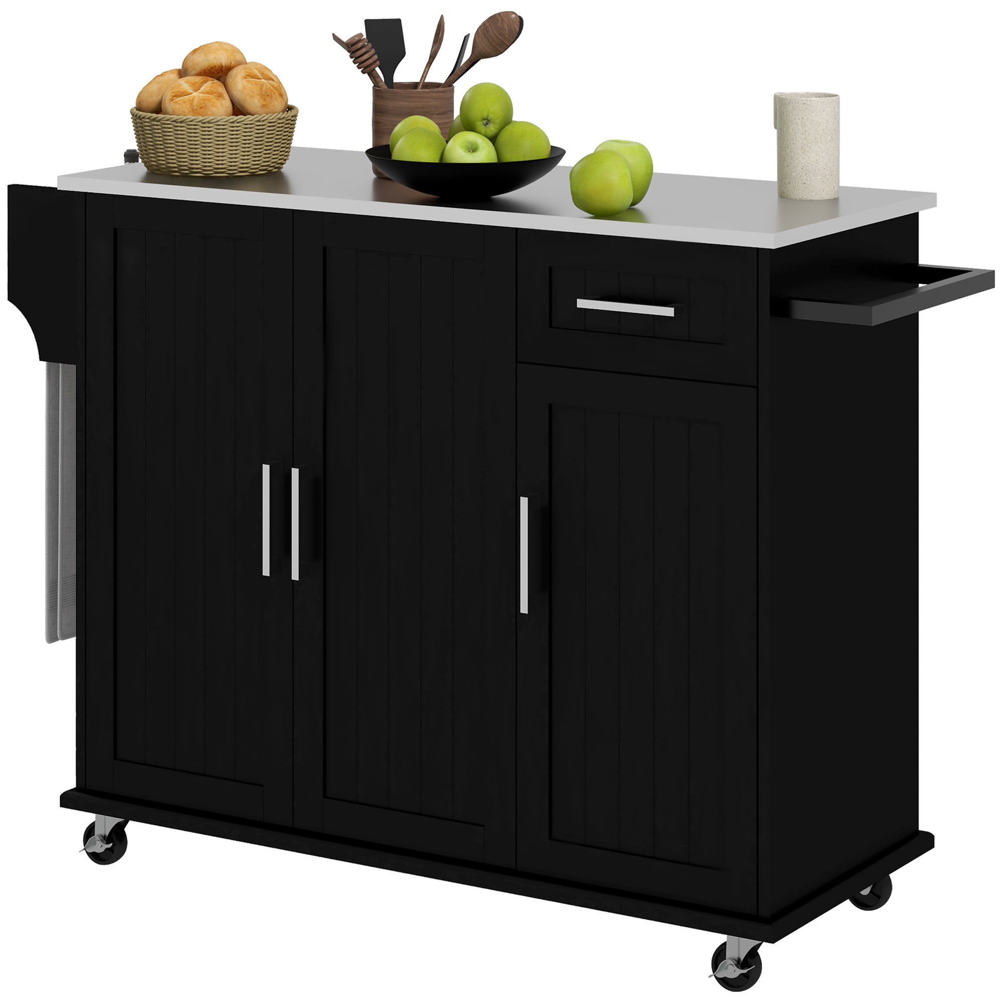 Kitchen Island with Wheels, Kitchen Island on Wheels with Drawer, 3 Cabinets, Stainless Steel Countertop, Black