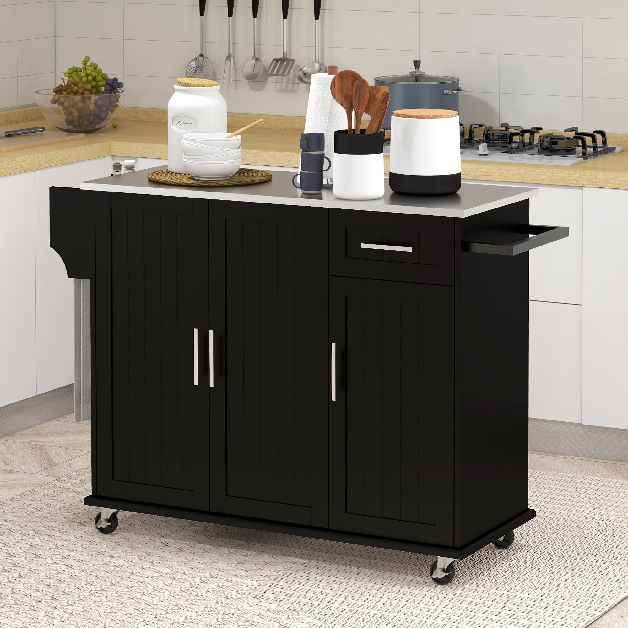 Kitchen Island with Wheels, Kitchen Island on Wheels with Drawer, 3 Cabinets, Stainless Steel Countertop, Black