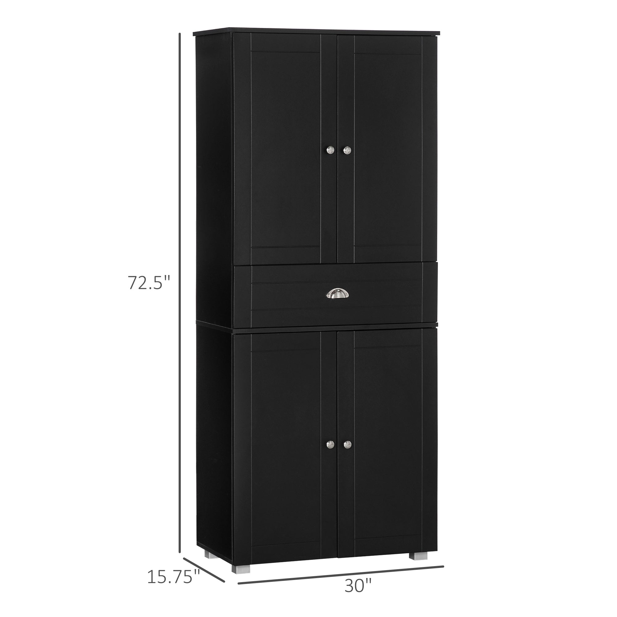 HOMCOM 72" Kitchen Pantry Cabinet, Modern Kitchen Pantry Storage Cabinet with 4 Doors and 3 Adjustable Shelves, Black