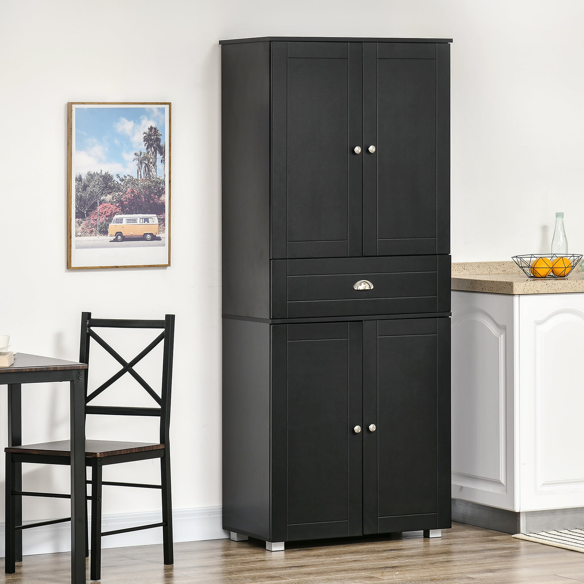 HOMCOM 72" Kitchen Pantry Cabinet, Modern Kitchen Pantry Storage Cabinet with 4 Doors and 3 Adjustable Shelves, Black