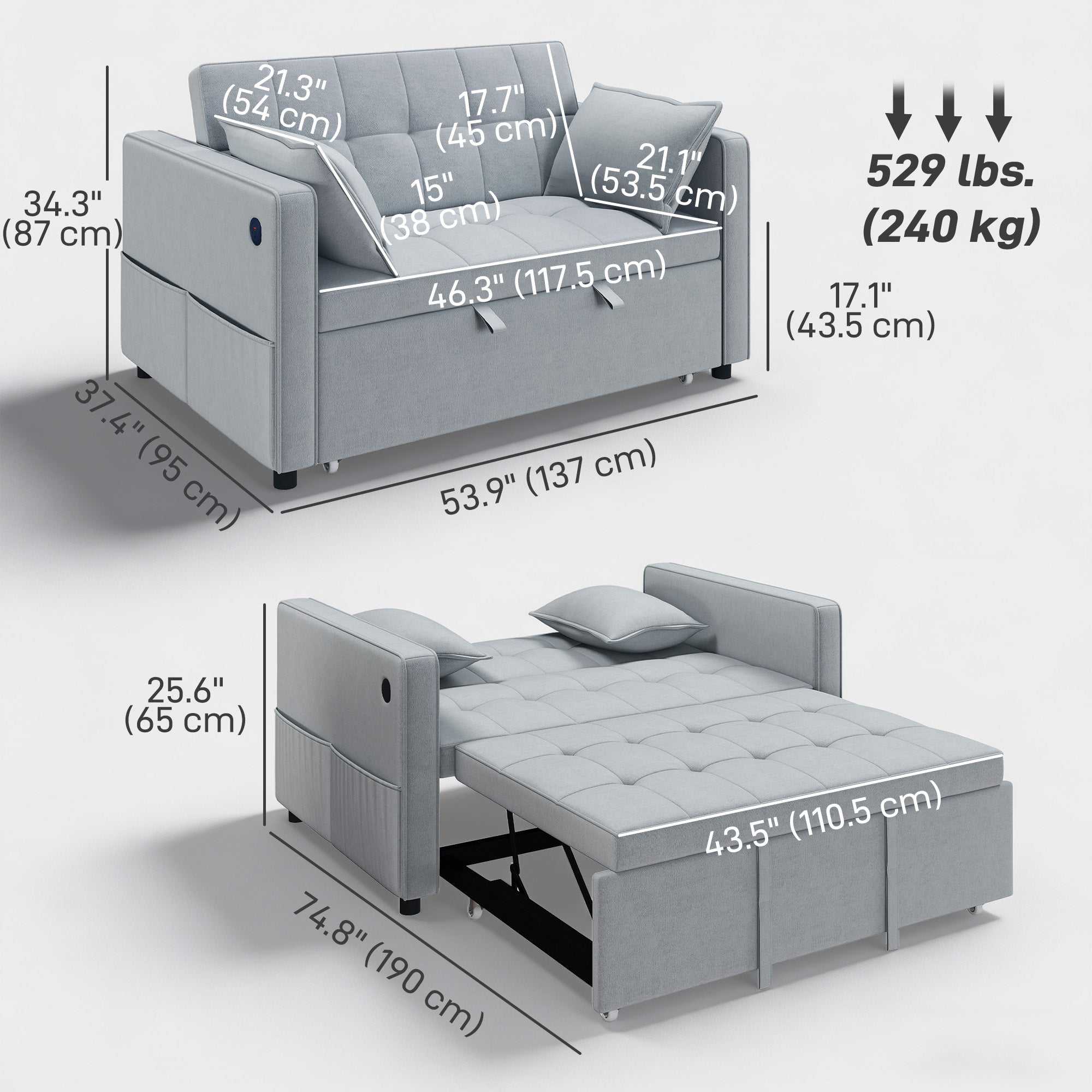 3‑in‑1 Convertible Sofa Bed, Pull Out Sleeper Sofa with USB Charging, Adjustable Backrest, Side Pockets, Sleeper Couch for Living Room, Small Space, Apartment, Light Grey