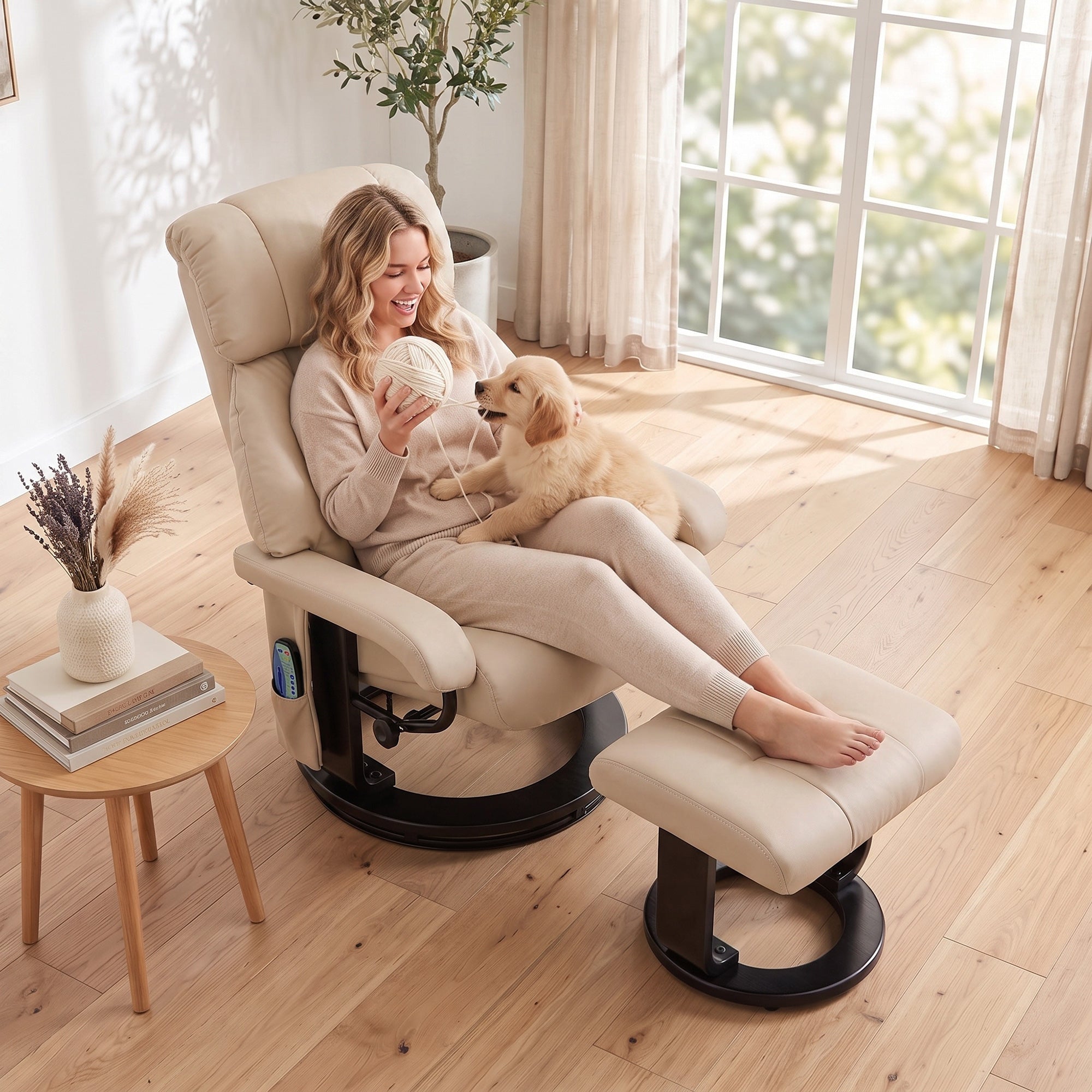 Massage Recliner Chair with Ottoman, 360° Swivel Recliner and Footstool, 10-Point Vibration, PU Leather Reclining Chair with Remote Control, Beige