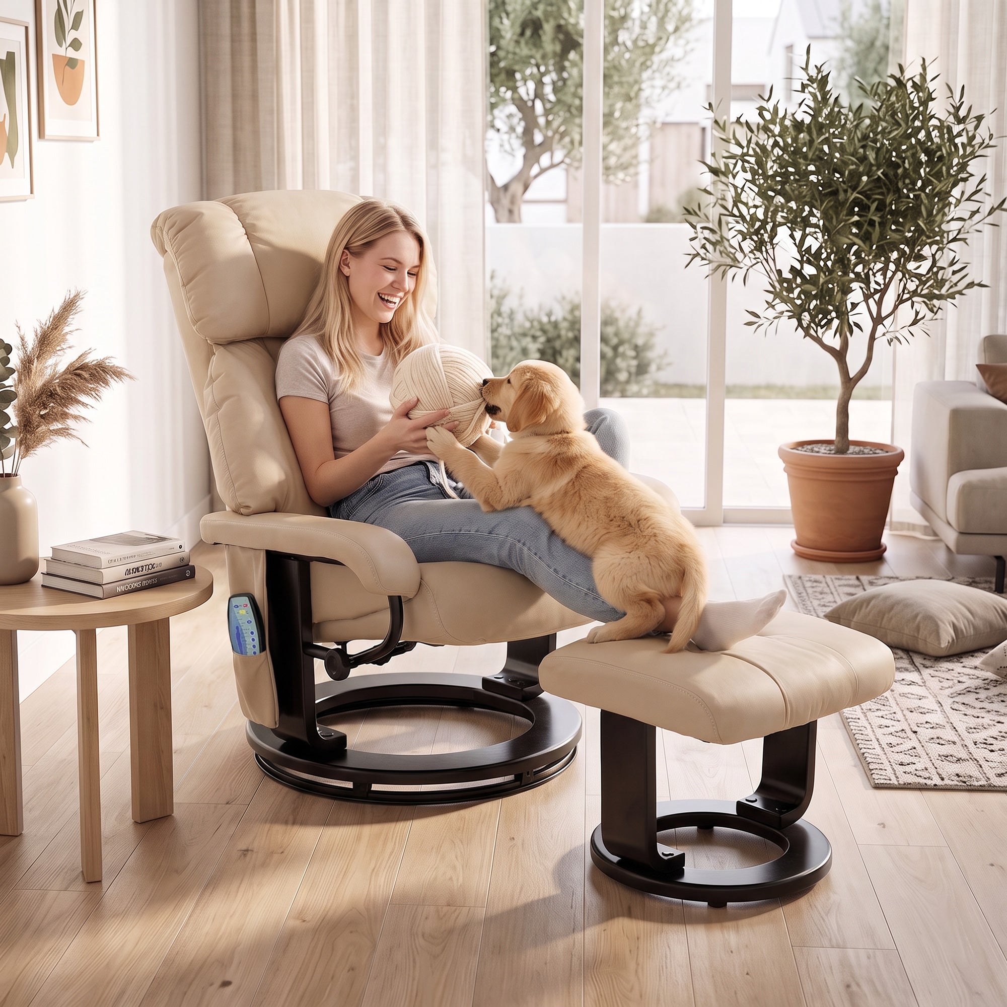 Massage Recliner Chair with Ottoman, 360° Swivel Recliner and Footstool, 10-Point Vibration, PU Leather Reclining Chair with Remote Control, Beige