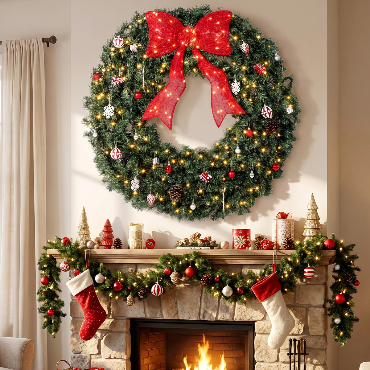48 Inch Pre-Lit Christmas Wreath for Front Door with 200 LED Lights, Lighted Bow and 31 Ornament Set, Artificial Xmas Wreath for Covered Porch, Wall Decoration, Green