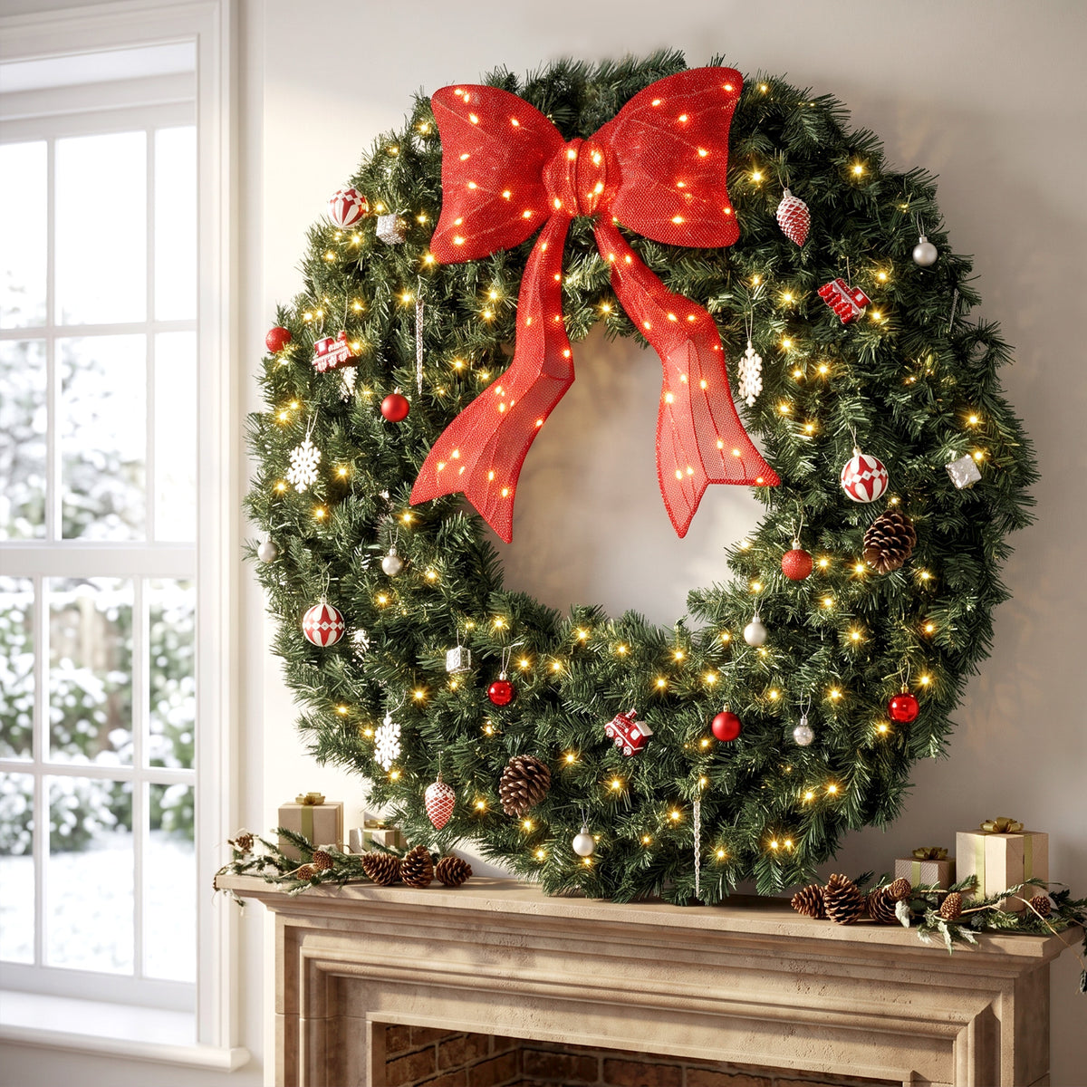 48 Inch Pre-Lit Christmas Wreath for Front Door with 200 LED Lights, Lighted Bow and 31 Ornament Set, Artificial Xmas Wreath for Covered Porch, Wall Decoration, Green