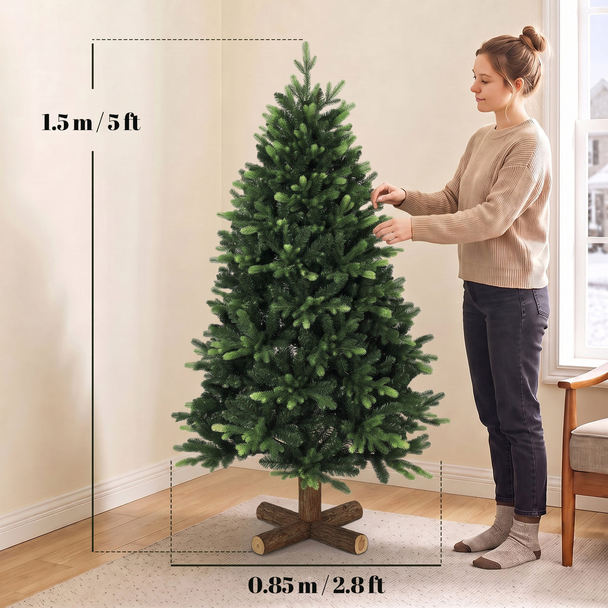 5ft Artificial Christmas Tree, Hinged Xmas Tree with 1620 PE & PVC Branch Tips, Solid Fir Wood Stand, Auto Open for Home Office Holiday Decoration, Green