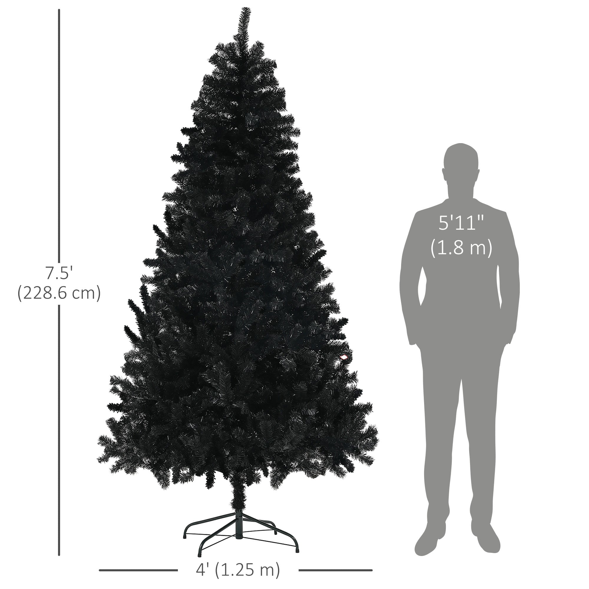 7.5ft Unlit Artificial Christmas Tree, Xmas Tree with 1346 Branch Tips, Auto Open and Steel Base, Holiday Decoration for Home Office, Black