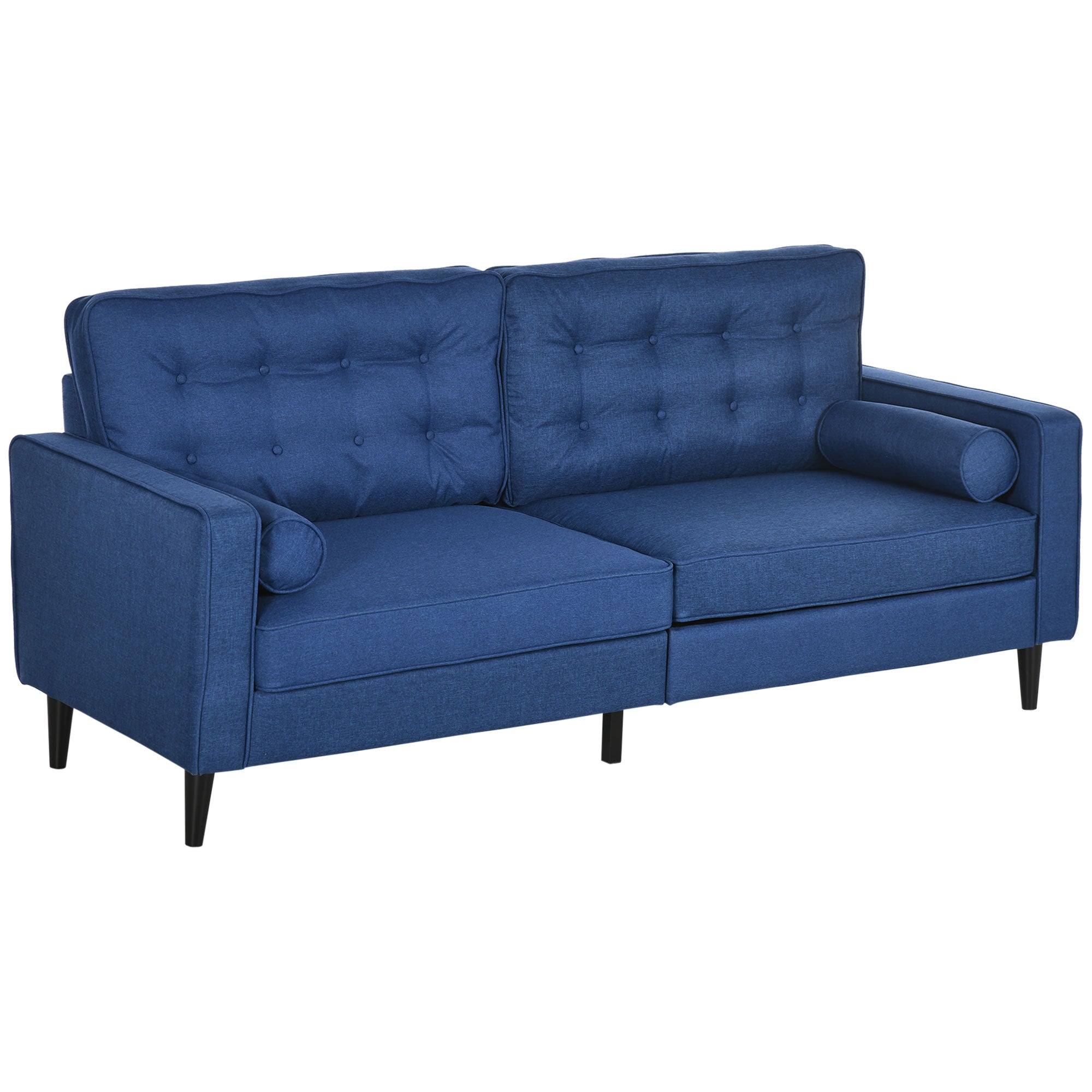 HOMCOM Mid-Century Sofa, Couch with Button-Tufted Back Cushion, Velvet Feel Fabric Upholstery, 2 Cylindrical Pillows and Rubber Wood Legs, Dark Blue