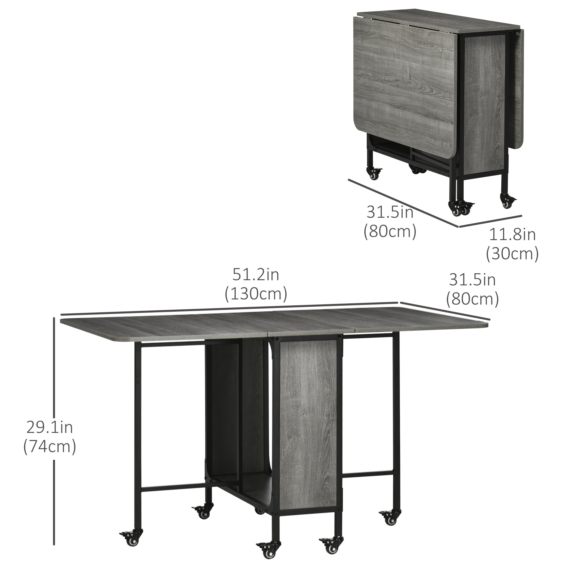 HOMCOM Folding Dining Table, Mobile Drop Leaf Table, Extendable Kitchen Table for Small Spaces with Storage Shelf and 6 Wheels, Grey