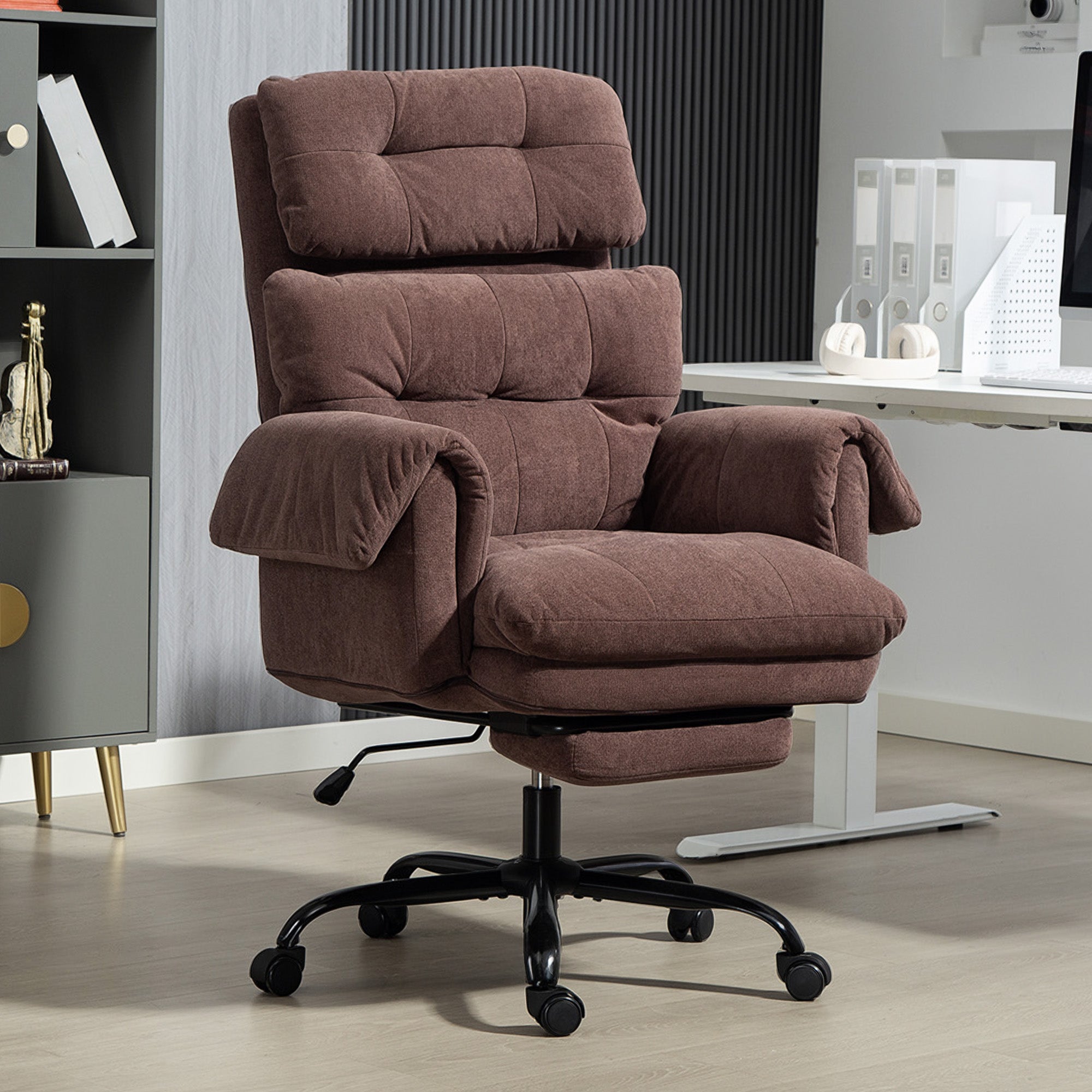 Ergonomic Office Chair with Footrest, Thickly Padded, Reclining Executive Computer Desk Chair with Adjustable Backrest, Lumbar Support and Headrest, Coffee
