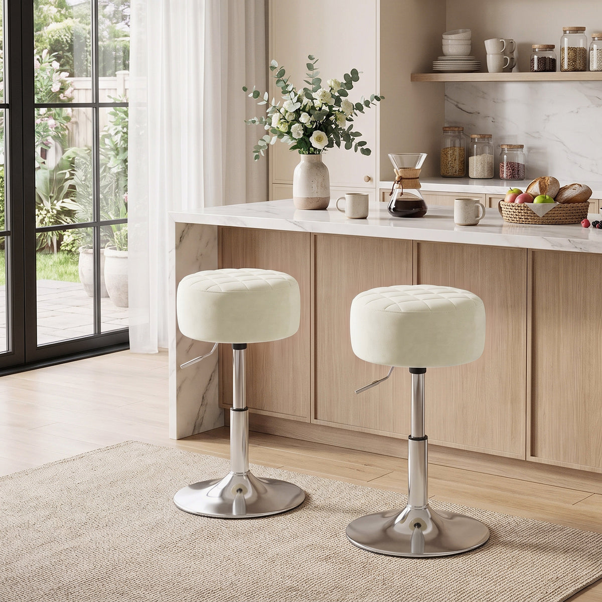 Bar Stool, Modern Adjustable Swivel Barstool with Velvet-Feel Seat, Kitchen Chair, Counter Height Kitchen Chair, 1 Piece, Beige