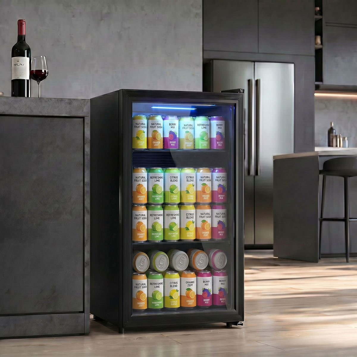 Beverage Refrigerator, 128 Can Mini Fridge with Glass Door for Soda Beer, 3.2 Cu.Ft Freestanding Drink Fridge with Auto-Defrost and LED Light for Home Office Bar, Black