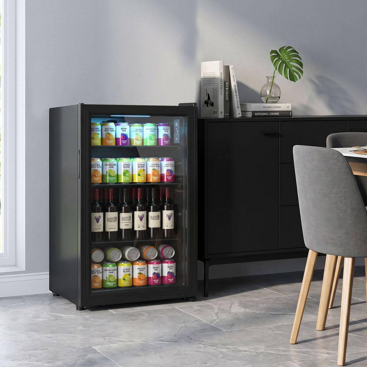 Beverage Refrigerator, 128 Can Mini Fridge with Glass Door for Soda Beer, 3.2 Cu.Ft Freestanding Drink Fridge with Auto-Defrost and LED Light for Home Office Bar, Black