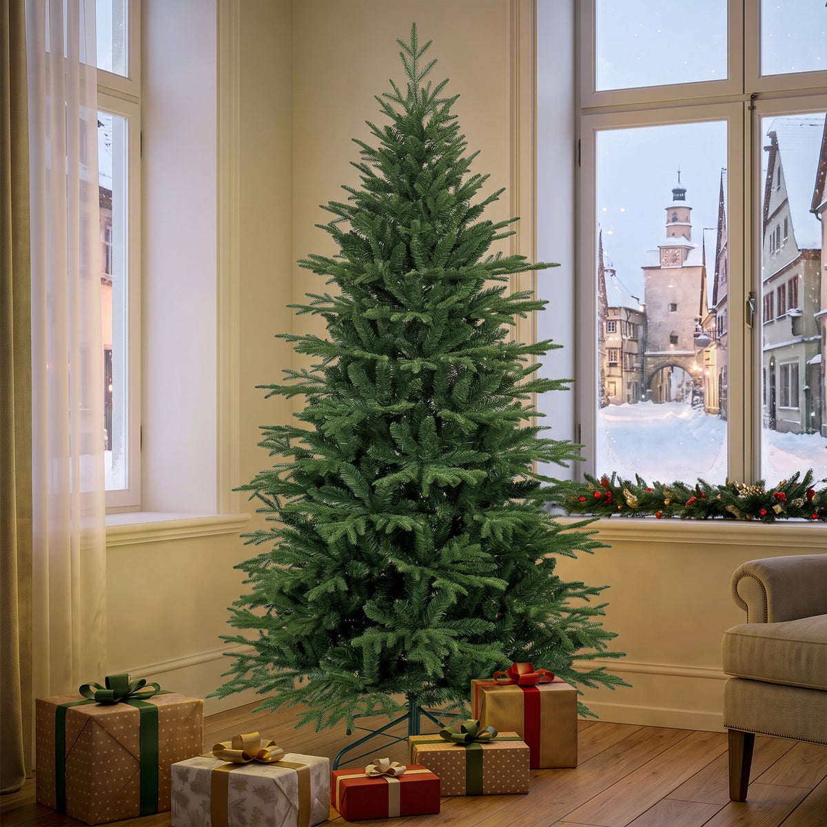 6ft Artificial Christmas Tree, Full Hinged Xmas Tree with 2081 PE & PVC Tips, Foldable Metal Base for Home Office Holiday Decoration, Green