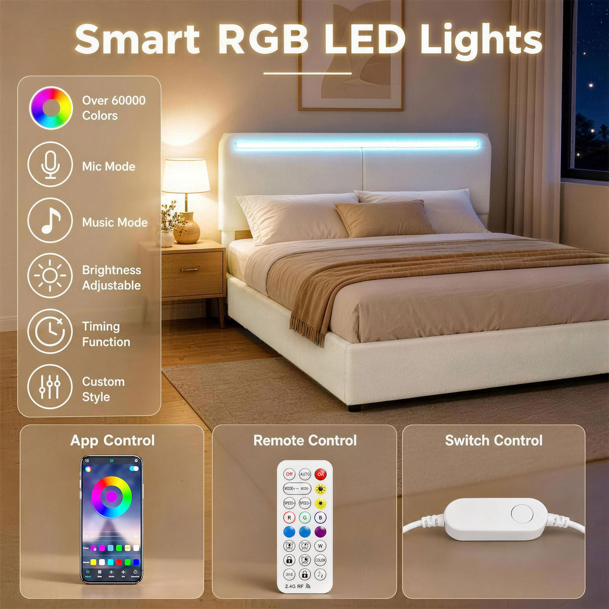 Queen Bed Frame with Charging Station, LED Lights, Adjustable Headboard, Fabric Platform Bed Frame, Wood Slat Support, Noise Free, No Box Spring Needed, Easy Assembly, White