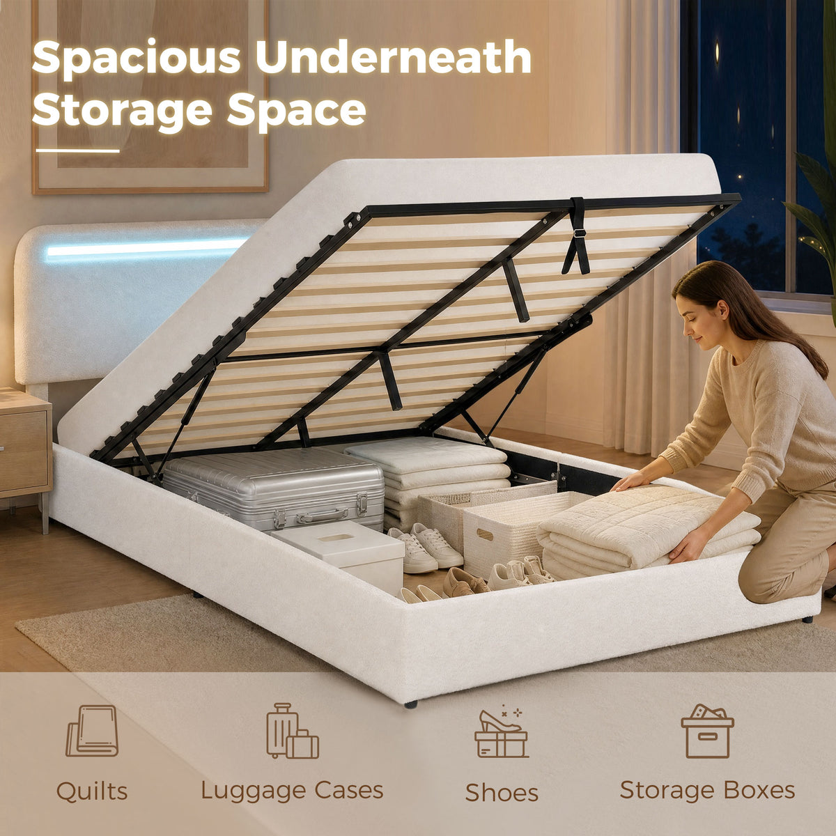 Queen Bed Frame with Charging Station, LED Lights, Adjustable Headboard, Fabric Platform Bed Frame, Wood Slat Support, Noise Free, No Box Spring Needed, Easy Assembly, White