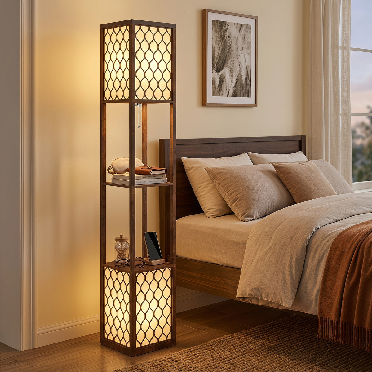 Floor Lamp with Shelves, Modern Tall Standing Lamp with Fabric Lampshades, Zipper Switch and Dual Light for Living Room and Bedroom, Bulbs Not Included, Rustic Brown
