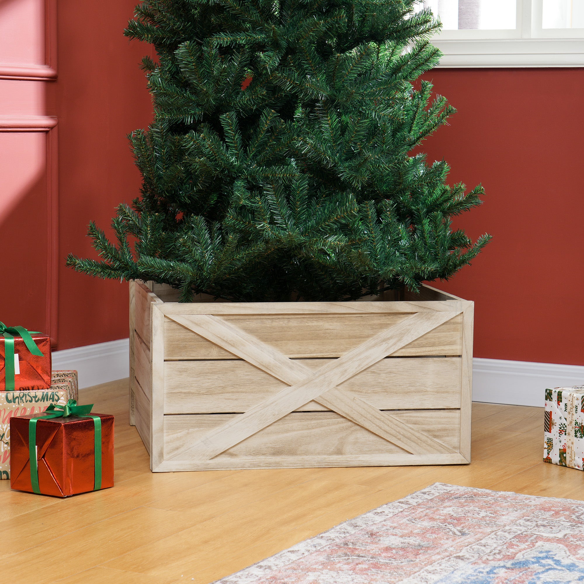 28" Farmhouse Christmas Tree Base Cover Wooden Christmas Tree Collar Box Home Decoration, Light Distressed Wood Finish