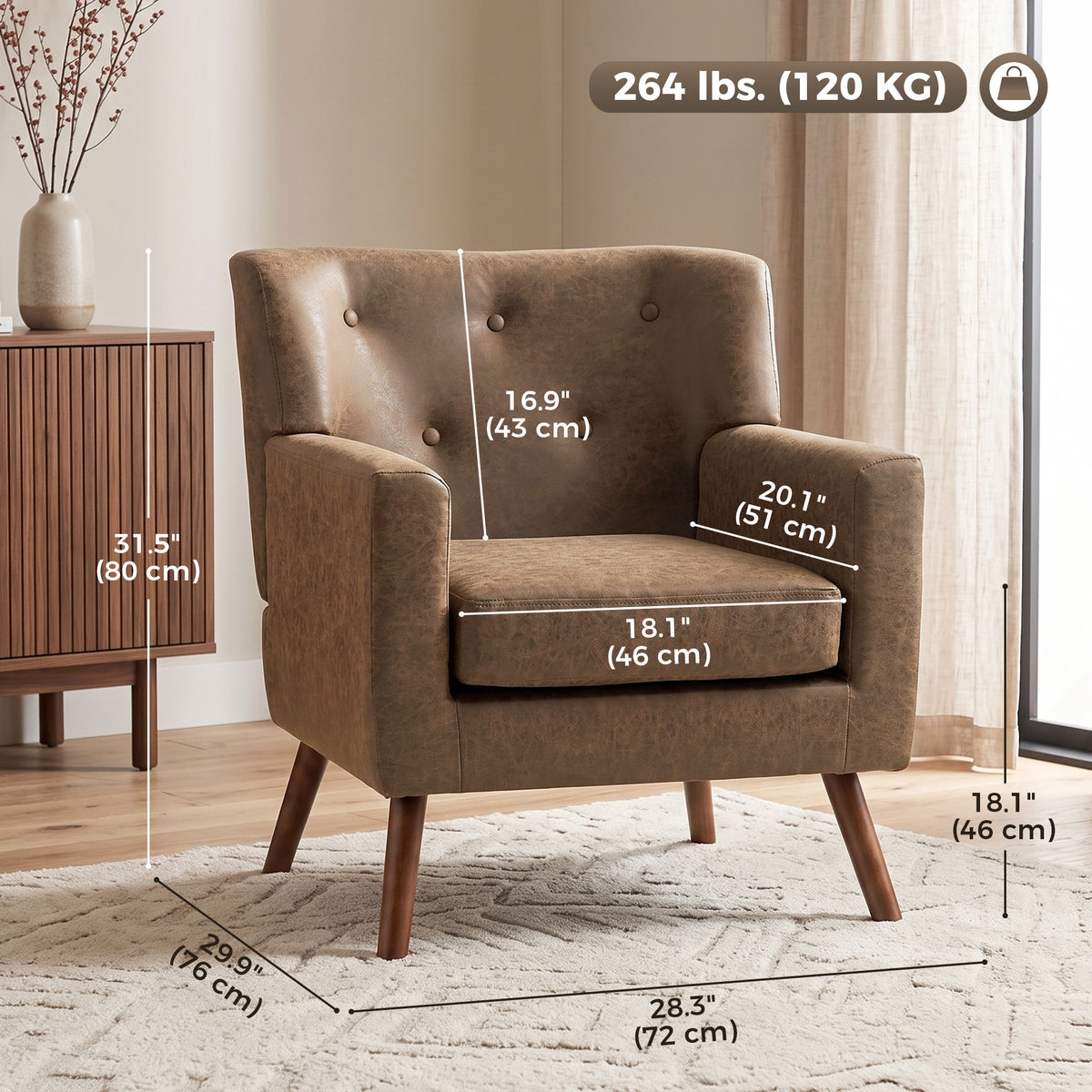PU Leather Accent Chair, Mid Century Modern Armchair with Spring Seat Cushion, Tufted Back, Upholstered Club Chair with Wood Legs for Living Room Bedroom Study, Brown