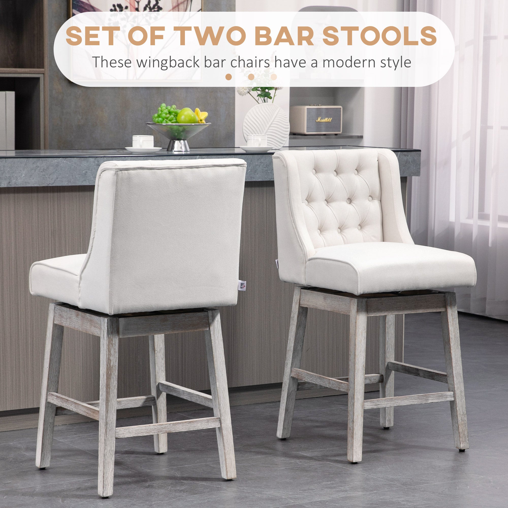 Swivel Bar Stools Set of 2 27" Counter Height with Linen Upholstery and Button Tufted Design Beige