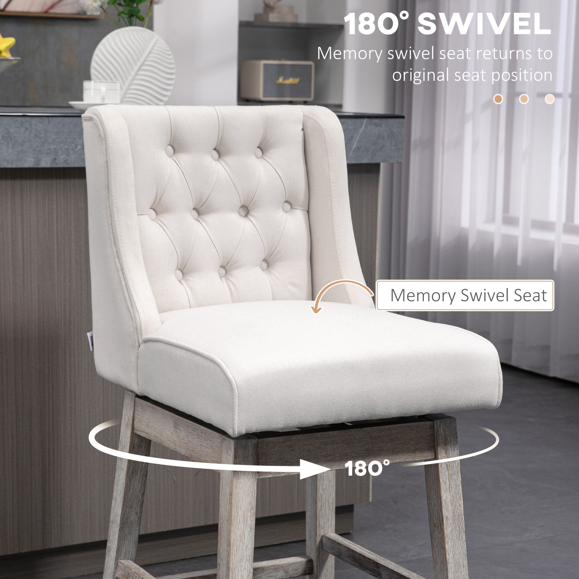 Swivel Bar Stools Set of 2 27" Counter Height with Linen Upholstery and Button Tufted Design Beige