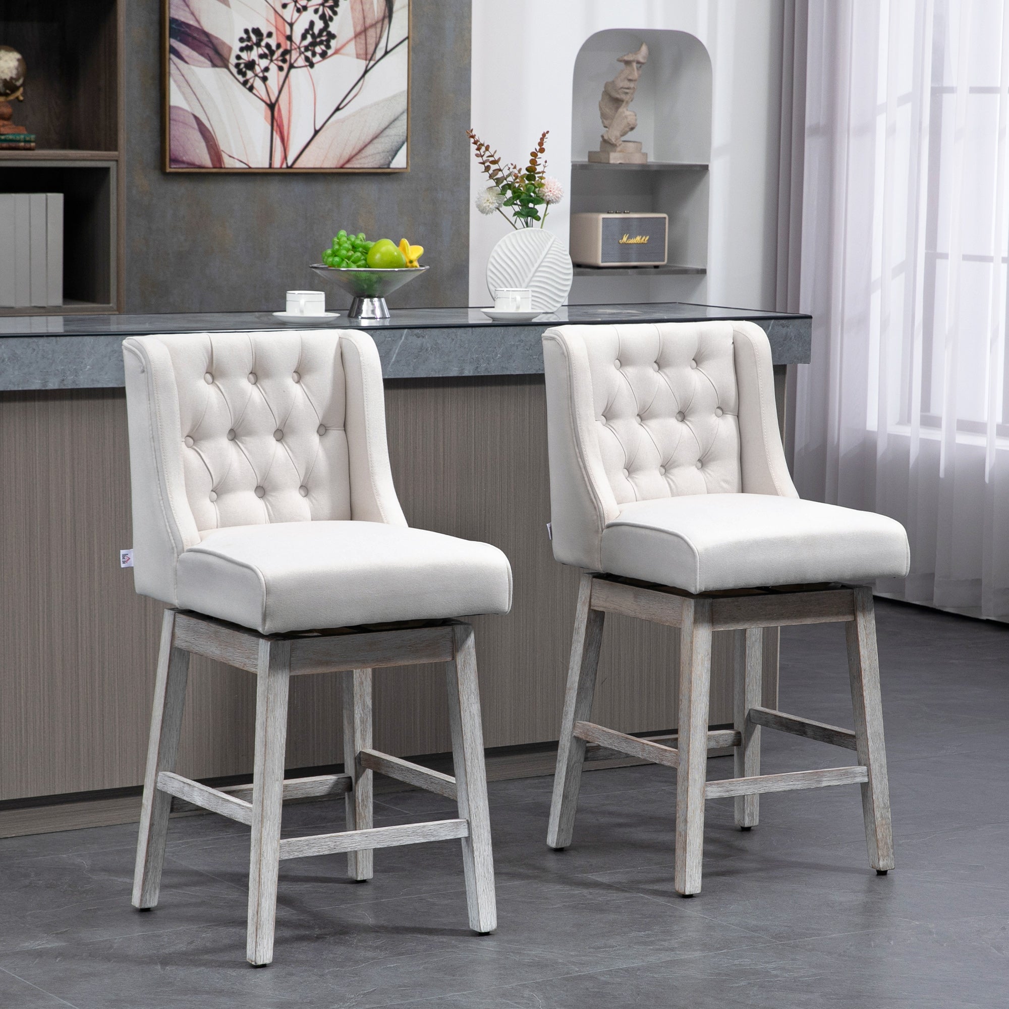 Swivel Bar Stools Set of 2 27" Counter Height with Linen Upholstery and Button Tufted Design Beige