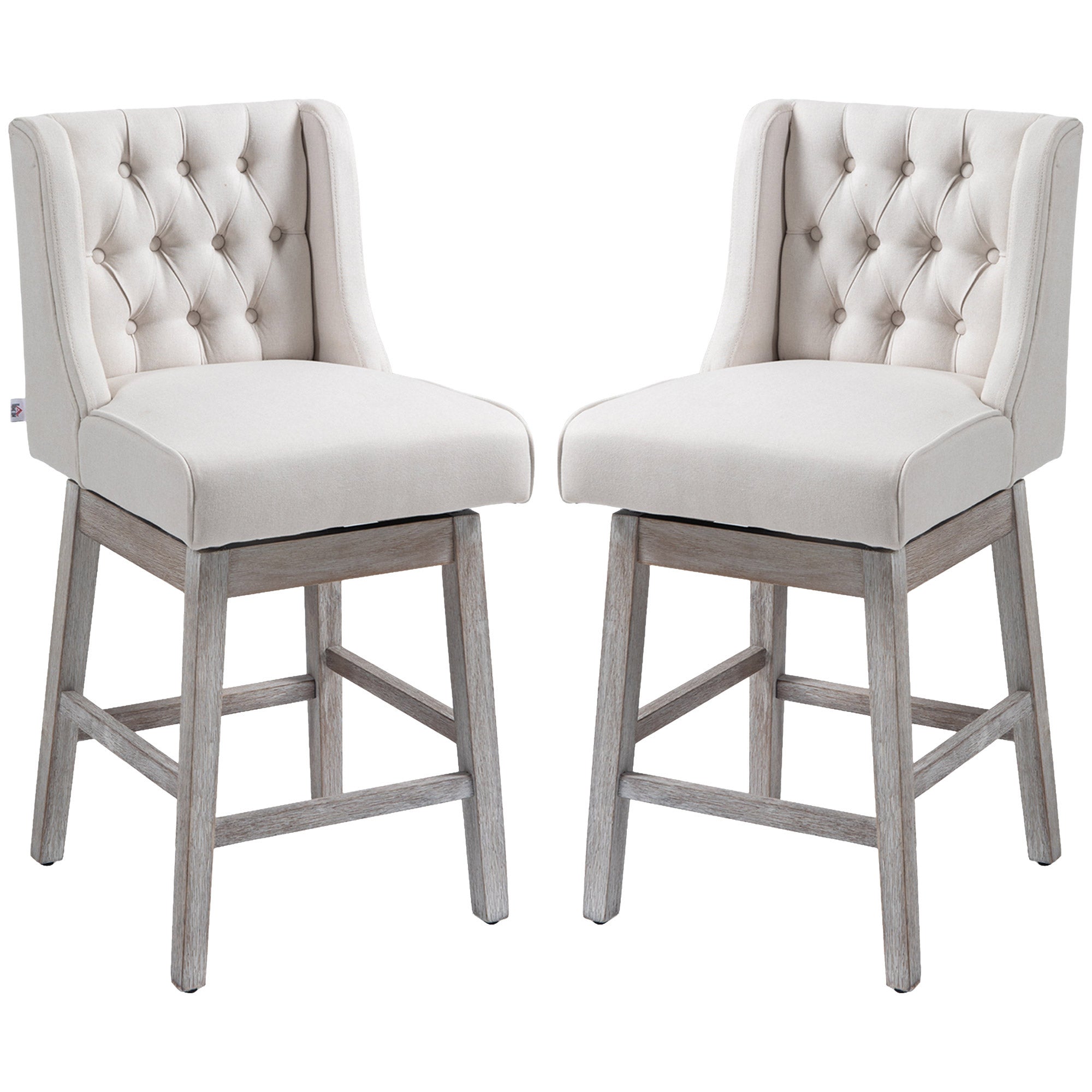 Swivel Bar Stools Set of 2 27" Counter Height with Linen Upholstery and Button Tufted Design Beige