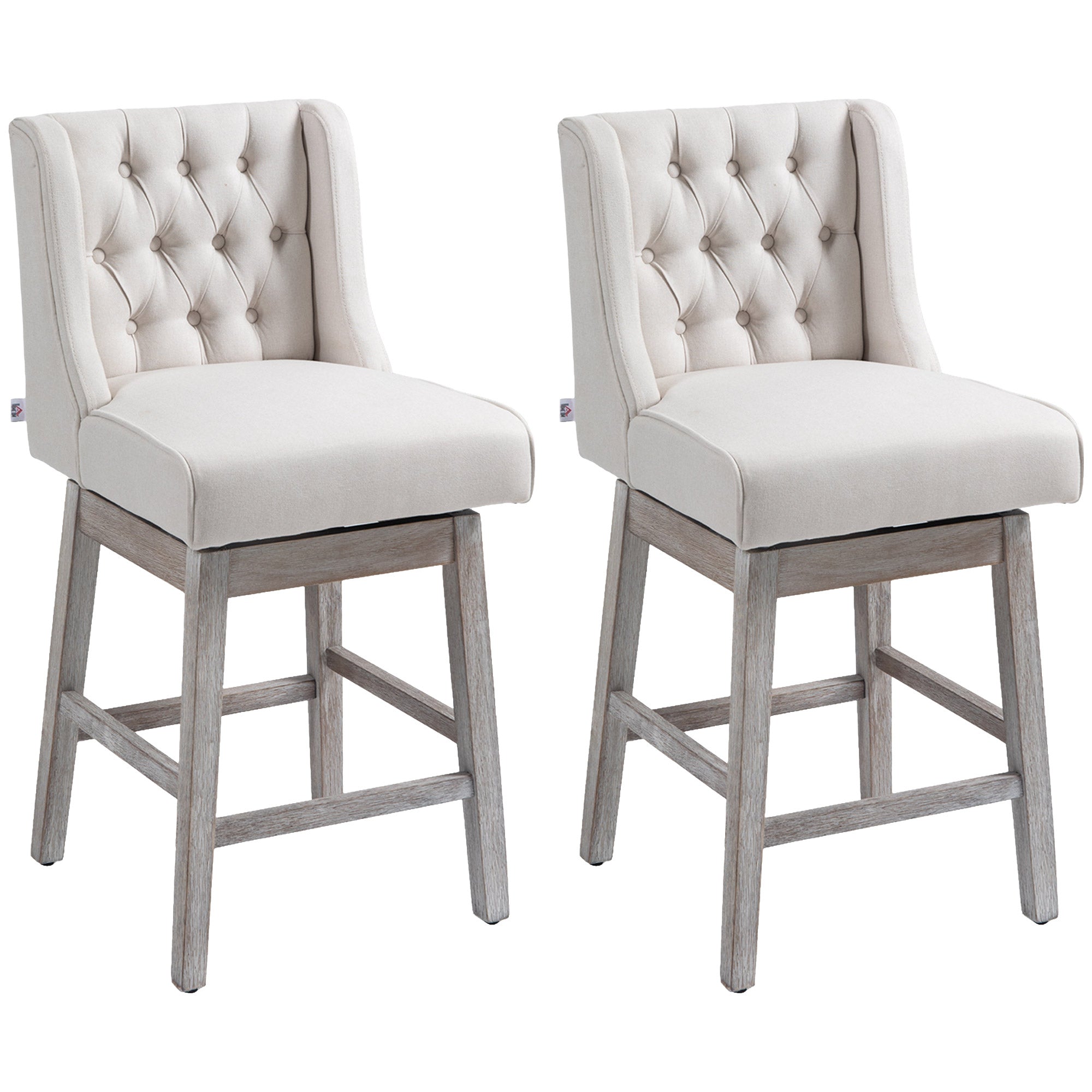 Swivel Bar Stools Set of 2 27" Counter Height with Linen Upholstery and Button Tufted Design Beige