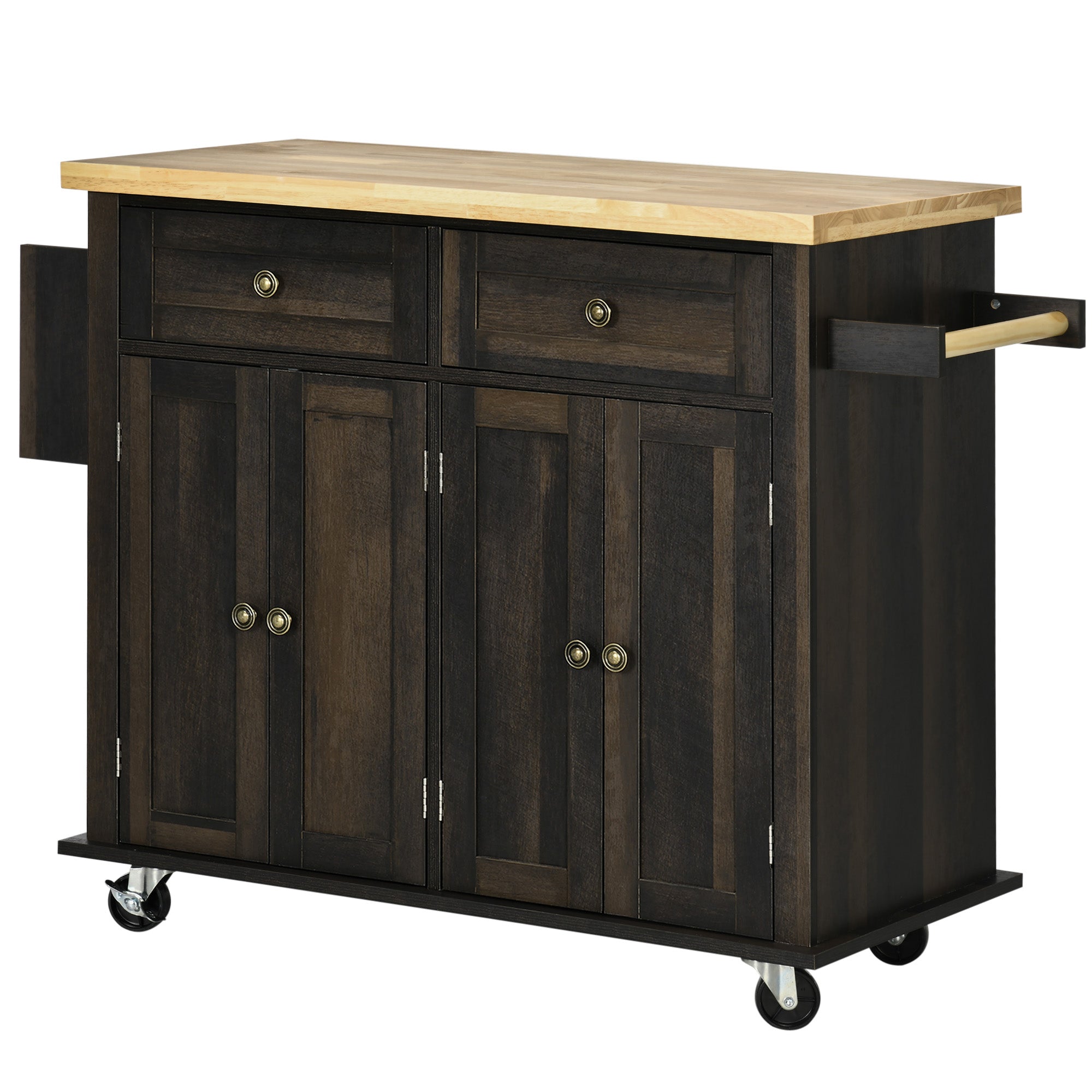 Kitchen Island on Wheels Rolling Cart with Rubberwood Top Spice Rack Towel Rack and Drawers Brown Oak