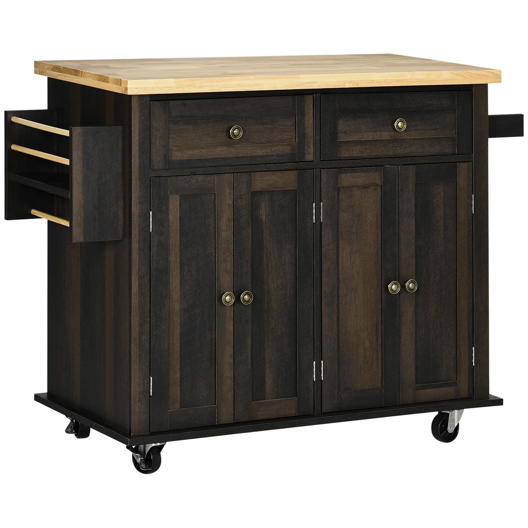 Kitchen Island on Wheels Rolling Cart with Rubberwood Top Spice Rack Towel Rack and Drawers Brown Oak