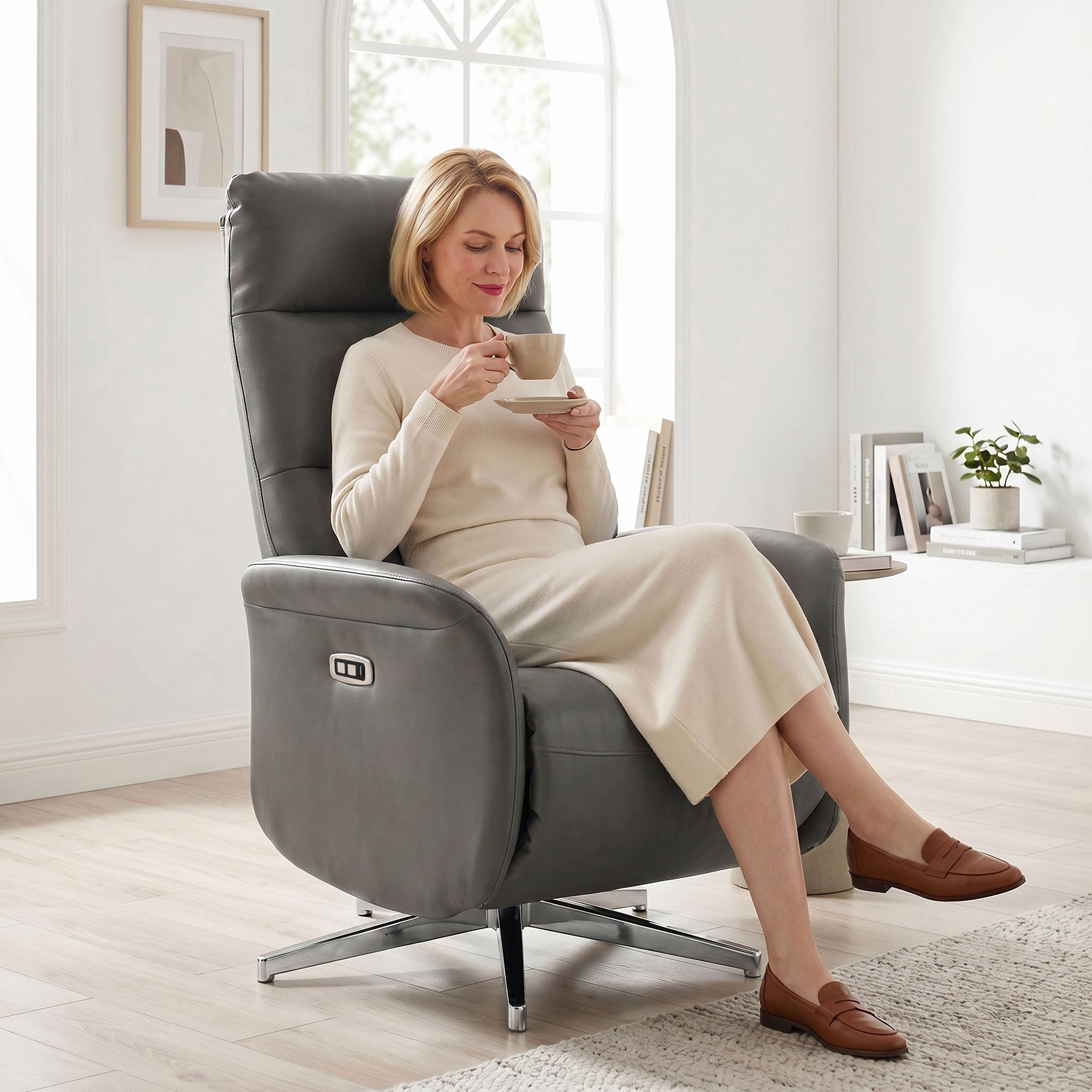 Electric Recliner Armchair, PU Leather Swivel Recliner Chair with Type C+USB, 160° Reclining Chair with Adjustable Leg Rest for Home Living Room Theater, Dark Grey