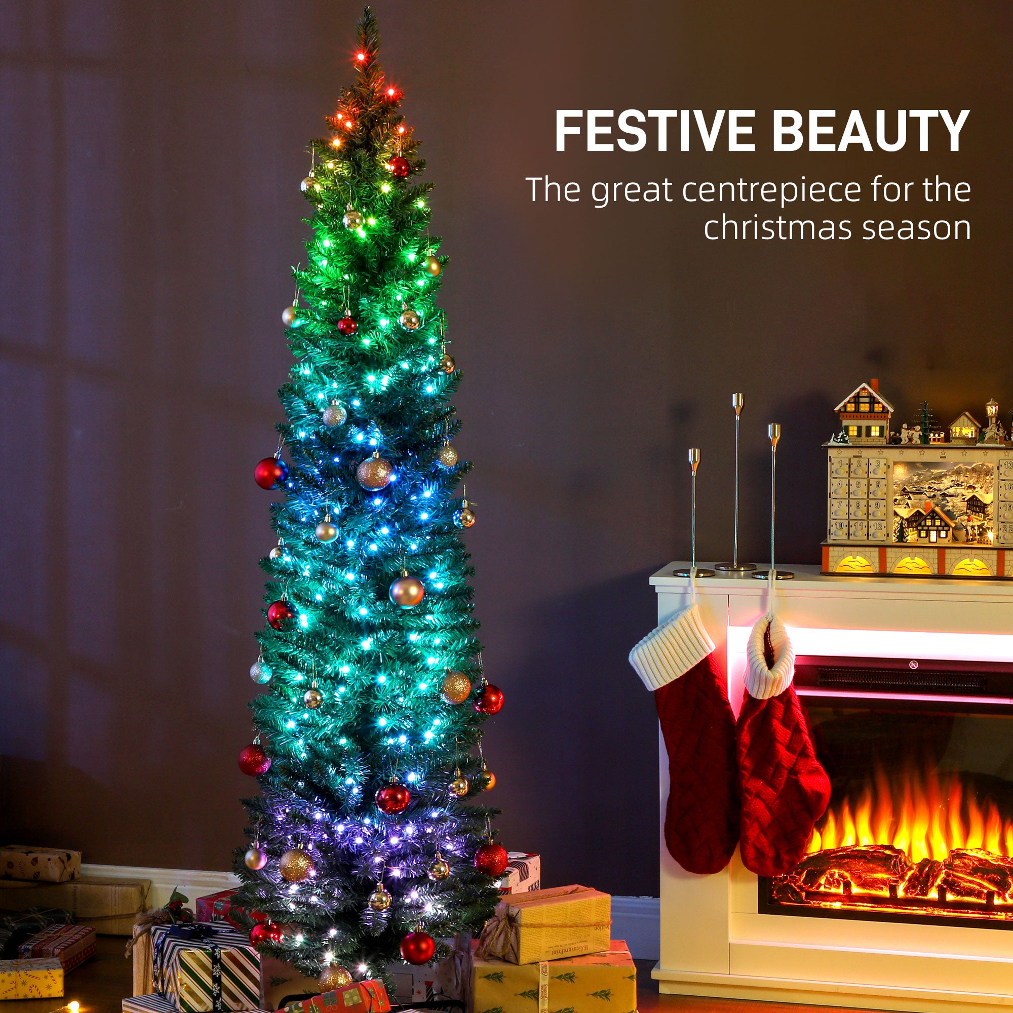 6ft Prelit Christmas Tree with Colourful DIY Synchronized LED Lights, Hinged Pencil Xmas Tree with Remote, 12 Modes, Daily Timer, Adjustable Brightness and Speed, Green