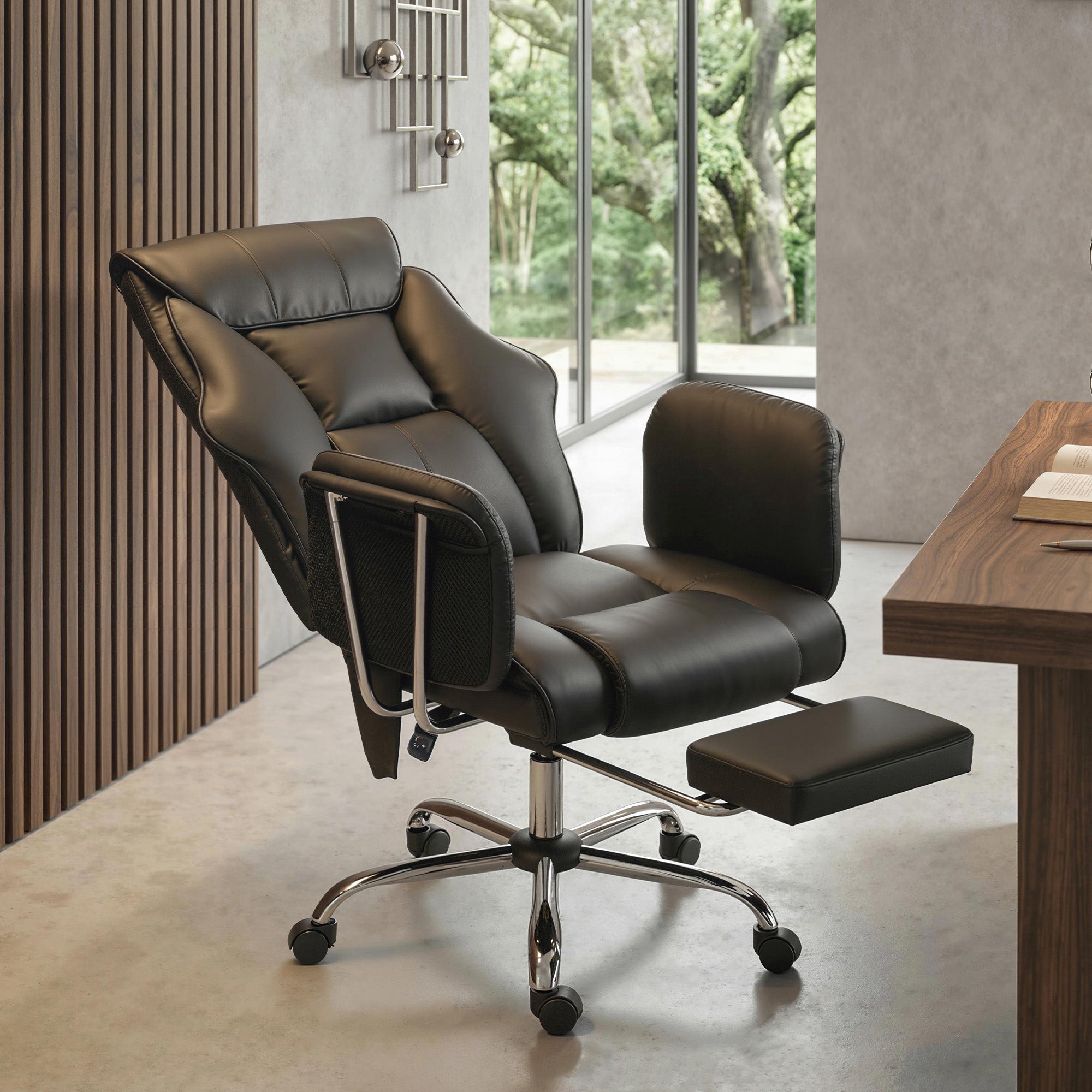 Massage Office Chair with 6-Point Vibration, Overstuffed Reclining Desk Chair with High Back, PU Leather, Footrest, Thick Spring Cushion, Lumbar Support, Adjustable Height, Swivel Wheels, Black