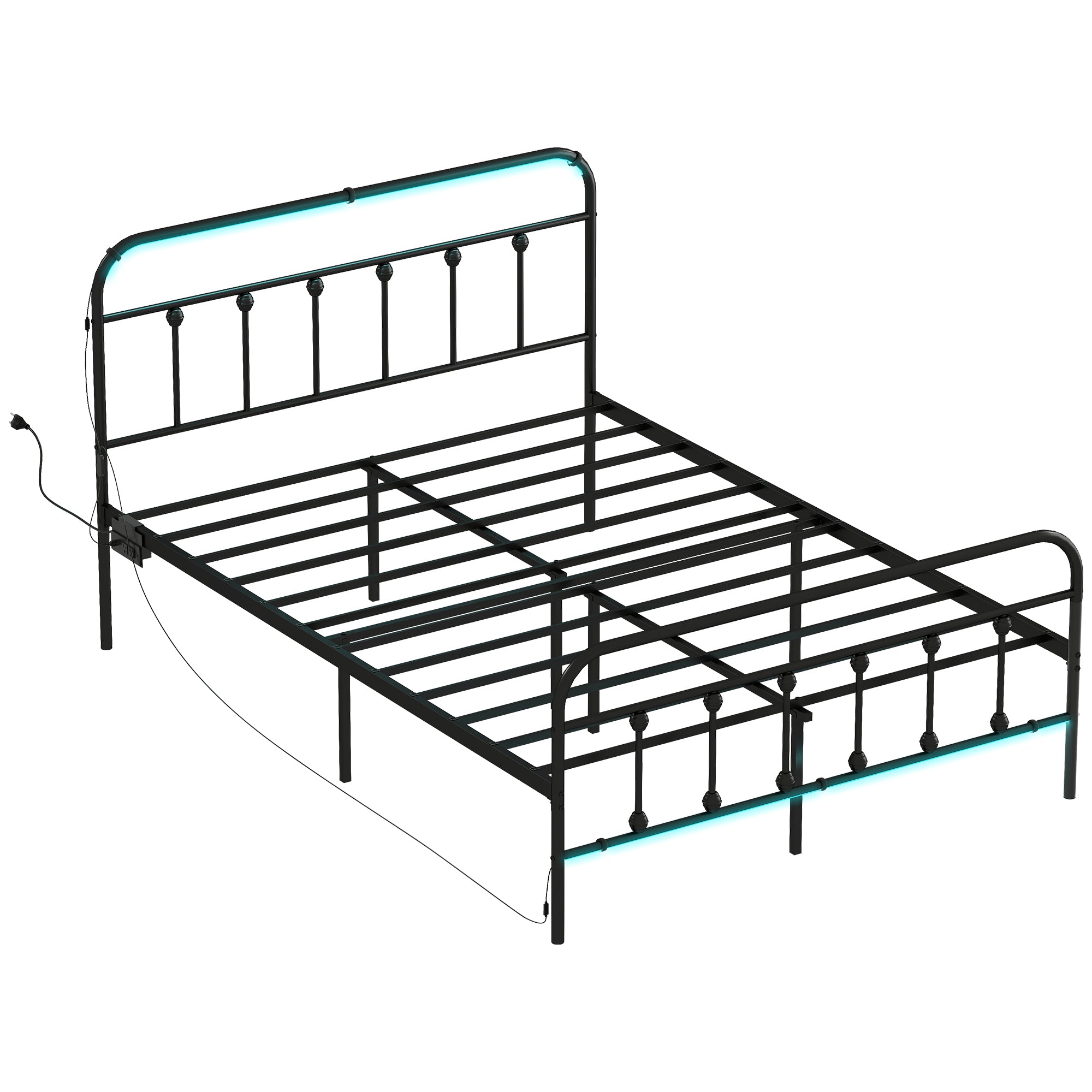 Full Bed Frame with LED Lights and Charging Station, Metal Platform Bed Frame with Under Bed Storage, Steel Slats, No Box Spring Needed, Noise Free, Easy Assembly, Black