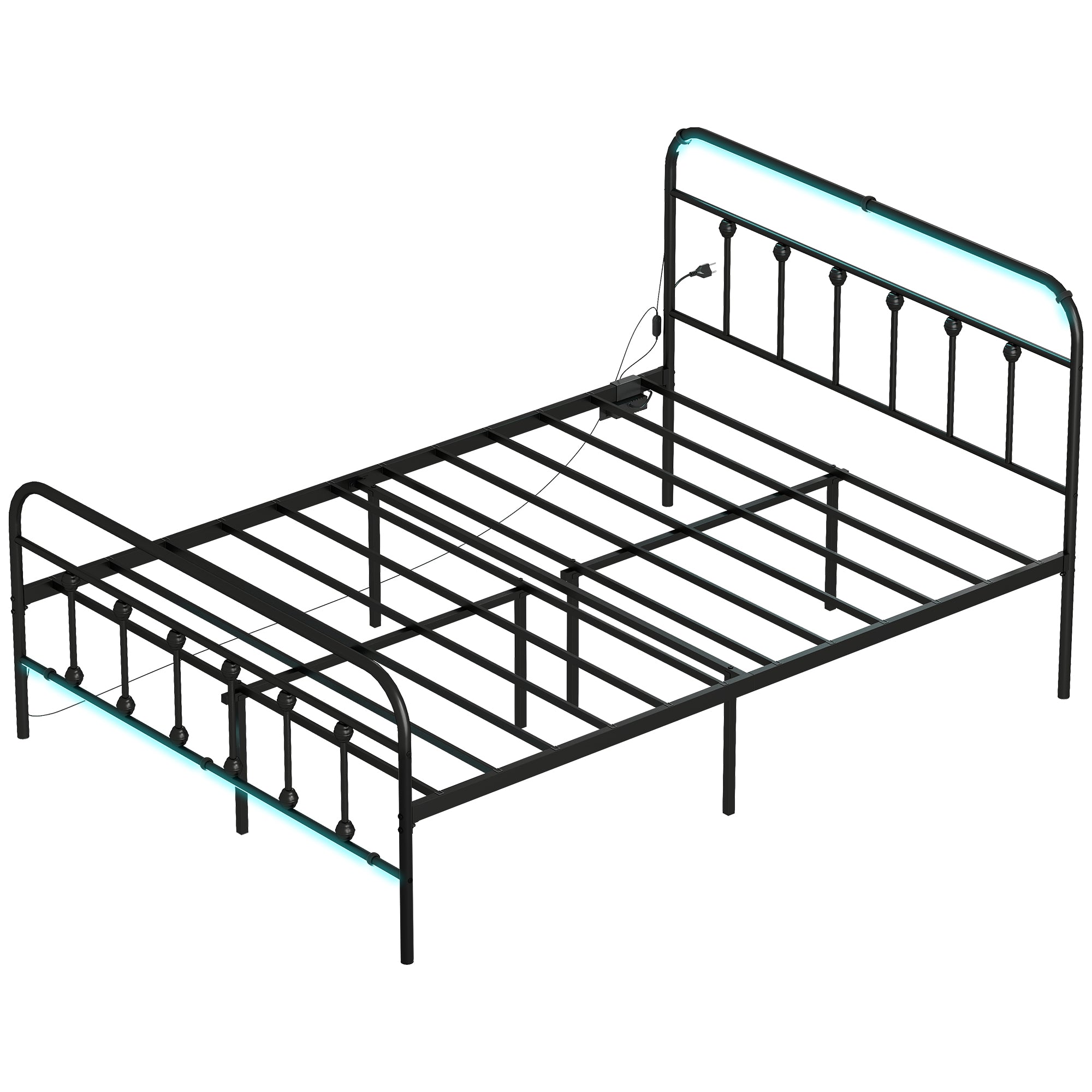Full Bed Frame with LED Lights and Charging Station, Metal Platform Bed Frame with Under Bed Storage, Steel Slats, No Box Spring Needed, Noise Free, Easy Assembly, Black