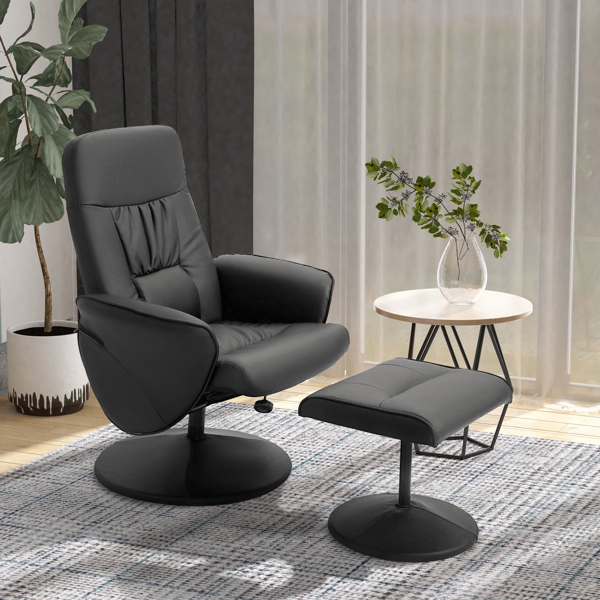 HOMCOM Swivel Recliner Chair with Footstool, PU Leather Armchair and Ottoman with High Back and Round Base for Living Room, Black
