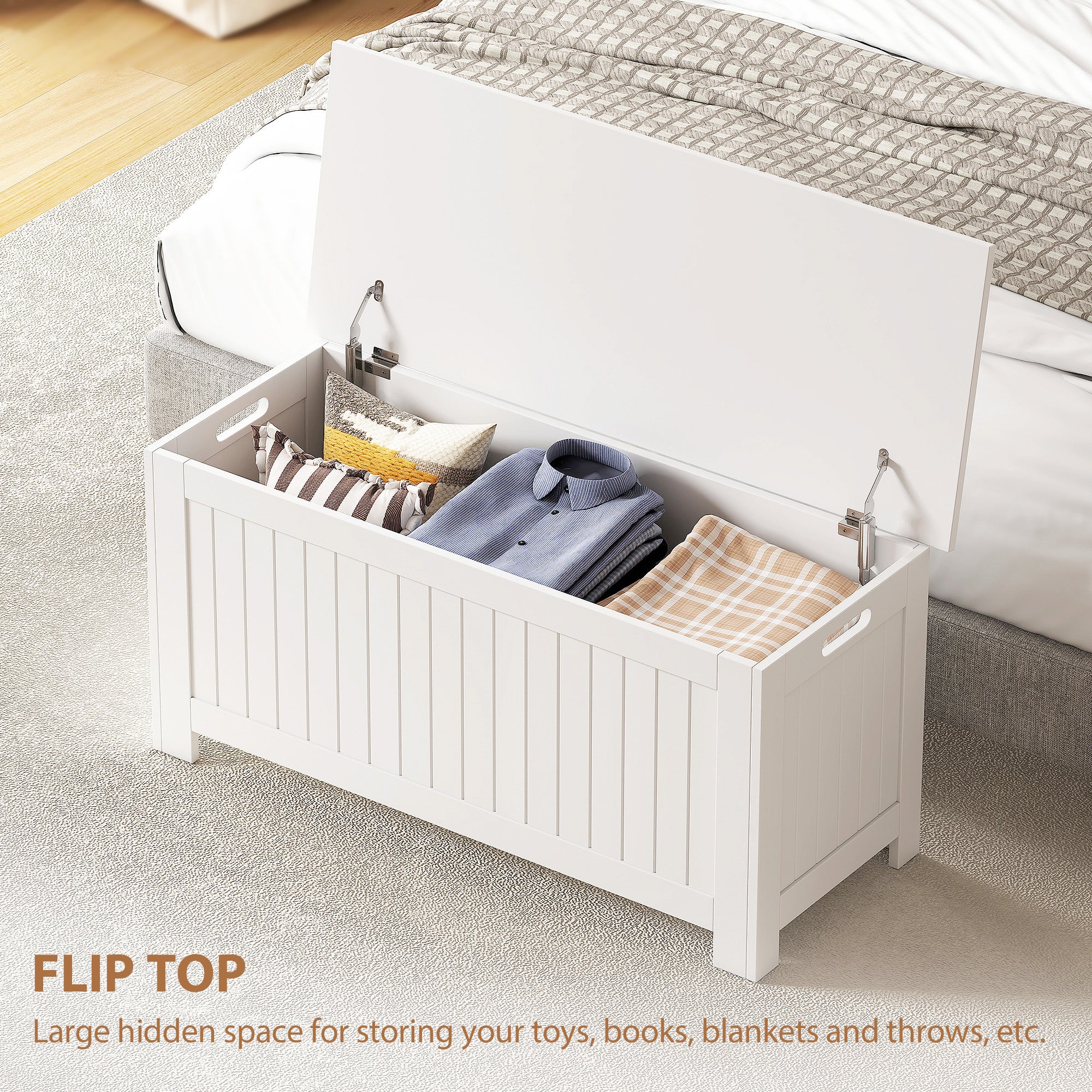 Storage Chest, Modern Storage Trunk with 2 Safety Hinges and Flip-Top Lid, Blanket Box for Living Room, 39" x 16" x 18", White