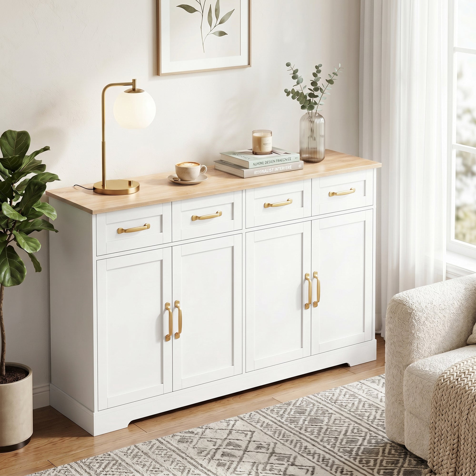 Sideboard Buffet Cabinet, 140 cm Modern Farmhouse Kitchen Storage Cabinet with 4 Drawers, 4 Doors and 2 Adjustable Shelves, Coffee Bar Station, White