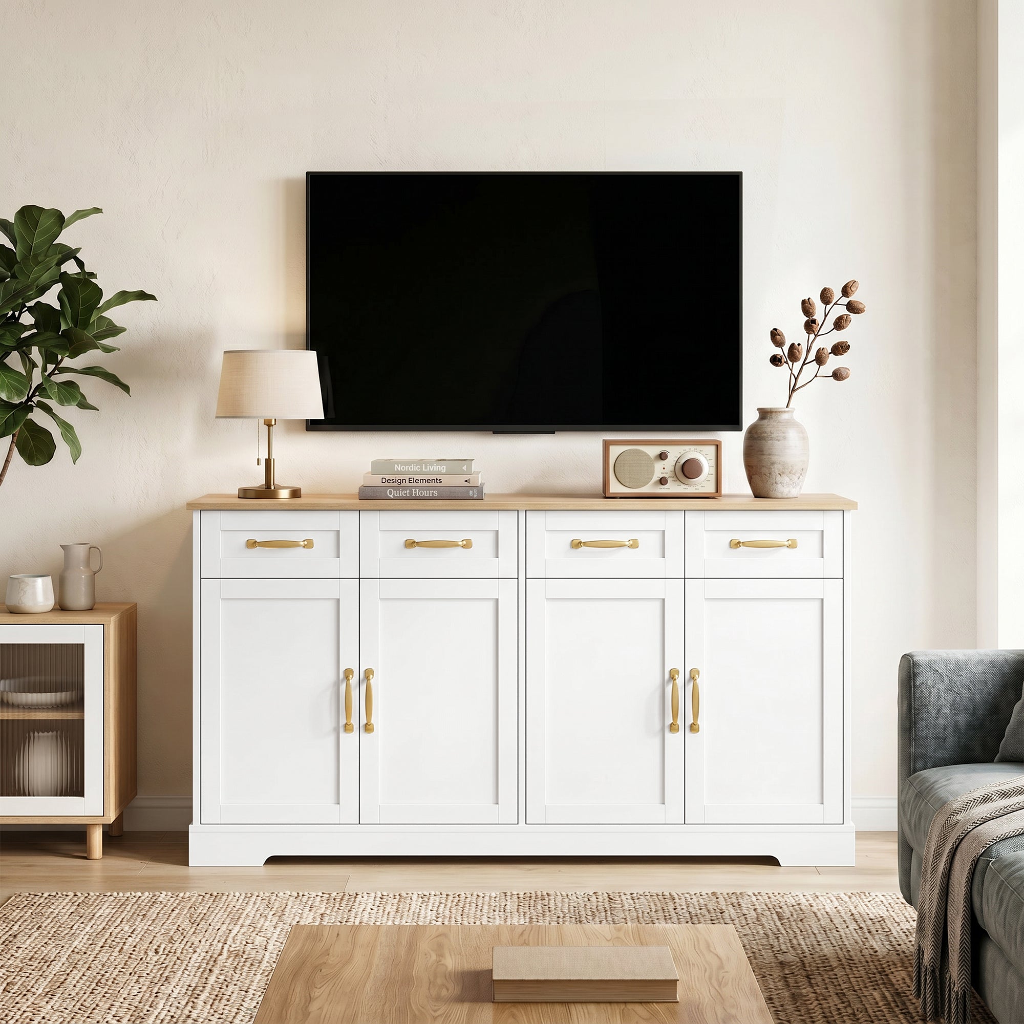 Sideboard Buffet Cabinet, 140 cm Modern Farmhouse Kitchen Storage Cabinet with 4 Drawers, 4 Doors and 2 Adjustable Shelves, Coffee Bar Station, White
