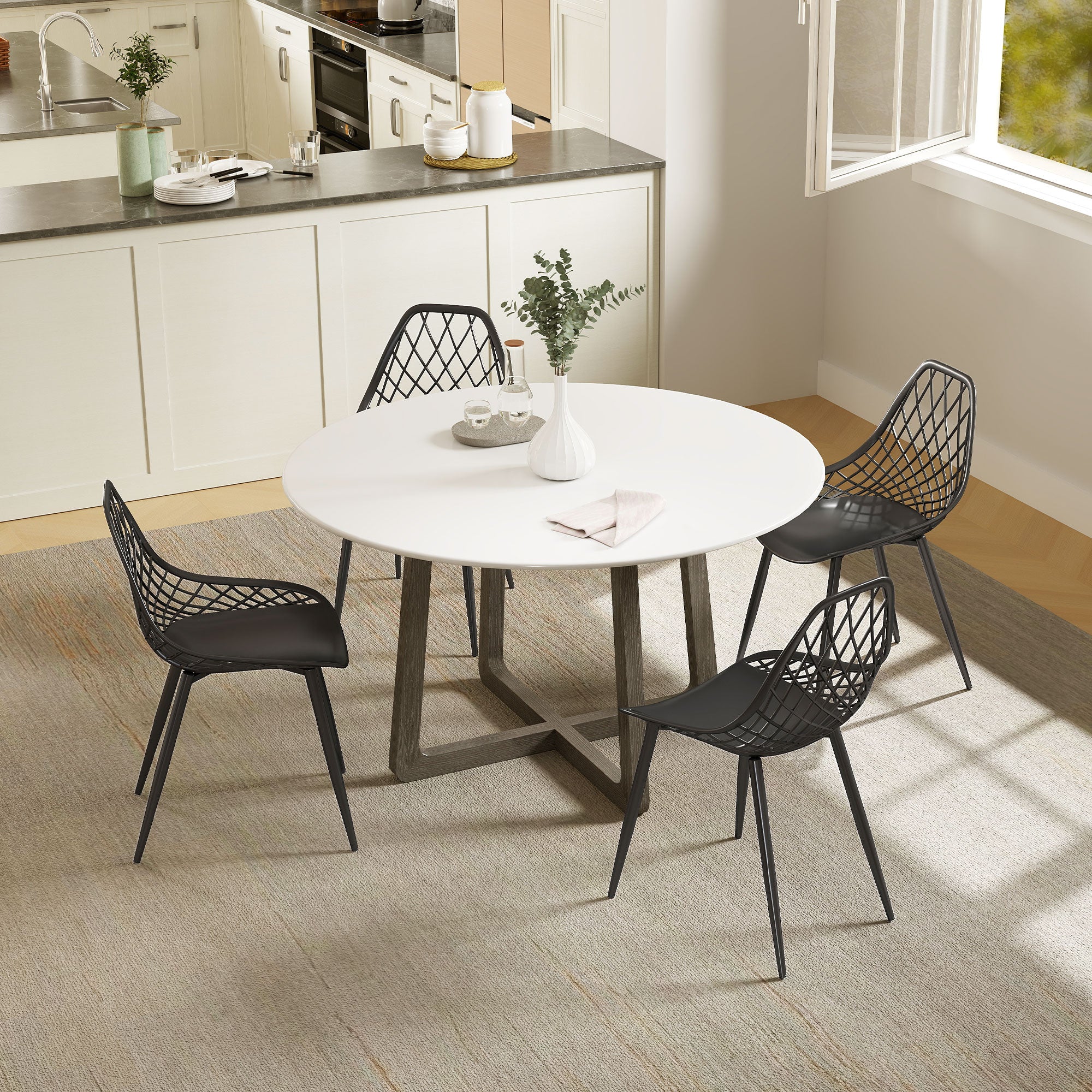 Plastic Dining Chairs Set of 4, Modern Kitchen Chairs with Hollow Backrest and Metal Legs for Living Room, Dining Room, Home Office, Black