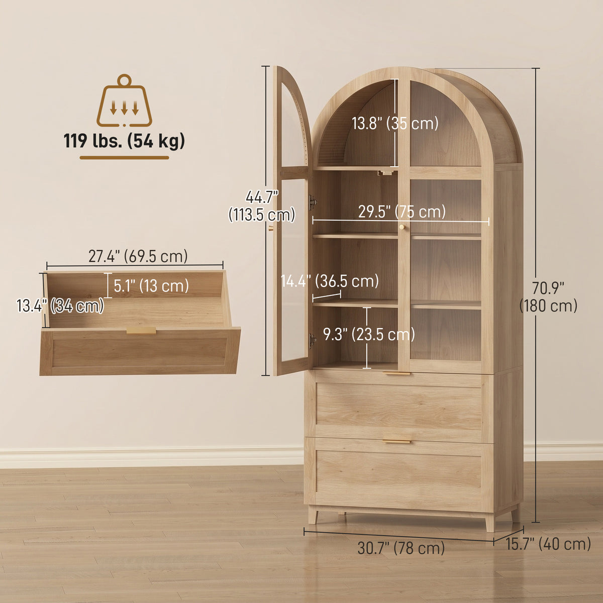 71" Tall Arched Kitchen Pantry Cabinet, Farmhouse Freestanding Kitchen Storage Cabinet with Adjustable Shelves, 2 Drawers, Acrylic Glass Doors for Dining Room, Oak Wood Grain