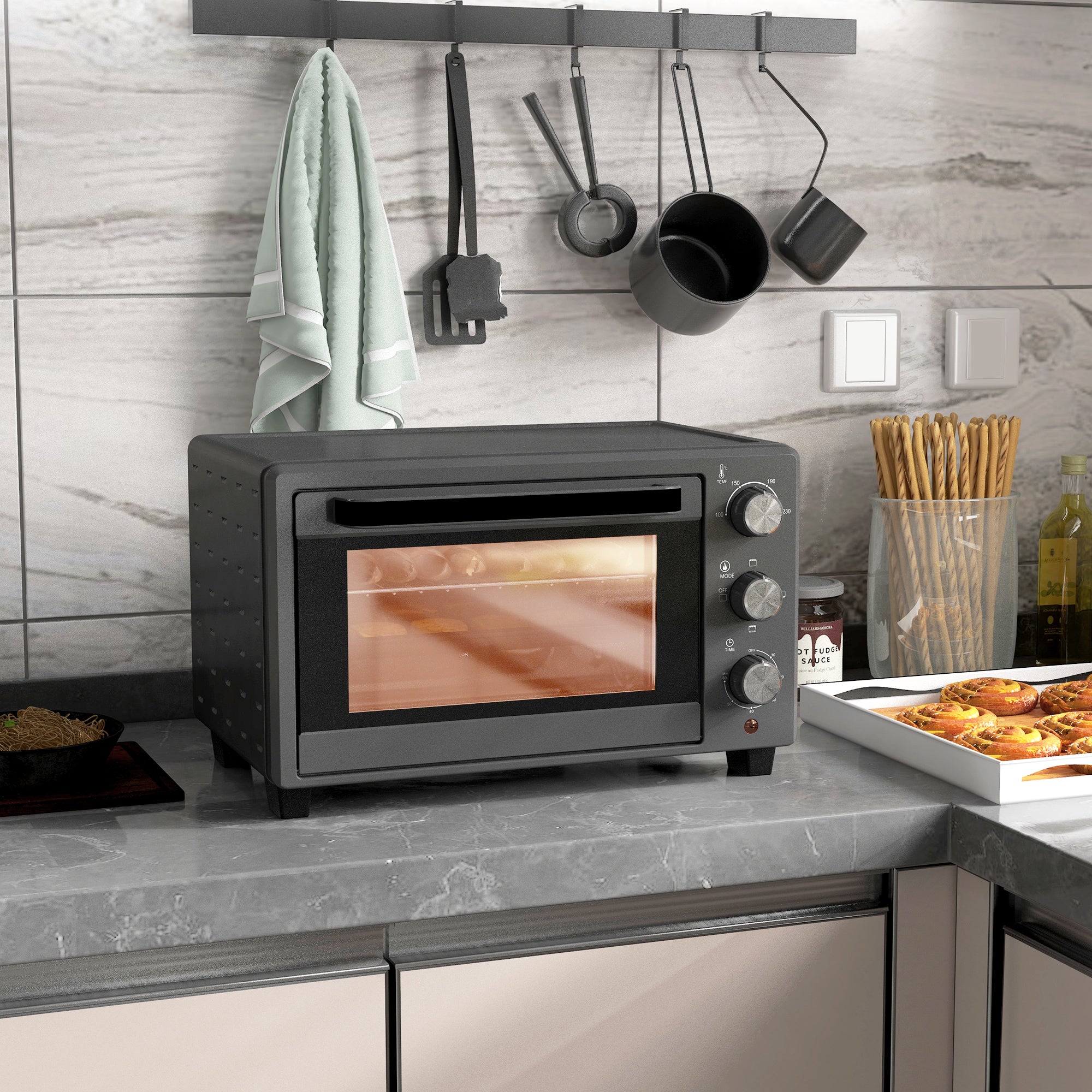 HOMCOM Mini Oven, 21L Countertop Electric Grill, Toaster Oven with Adjustable Temperature, Timer, Baking Tray and Wire Rack, 1400W, Grey