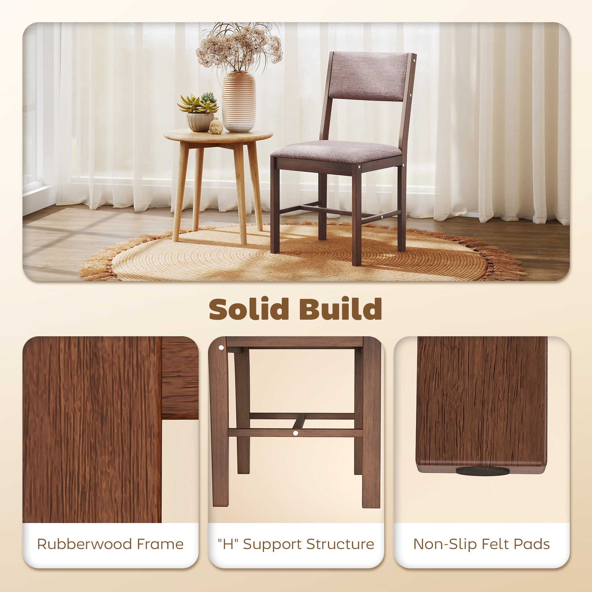 Modern Dining Chairs Set of 4, Linen Fabric Upholstered Kitchen Chairs with Rubberwood Legs for Dining Room, Living Room, Brown and Light Brown