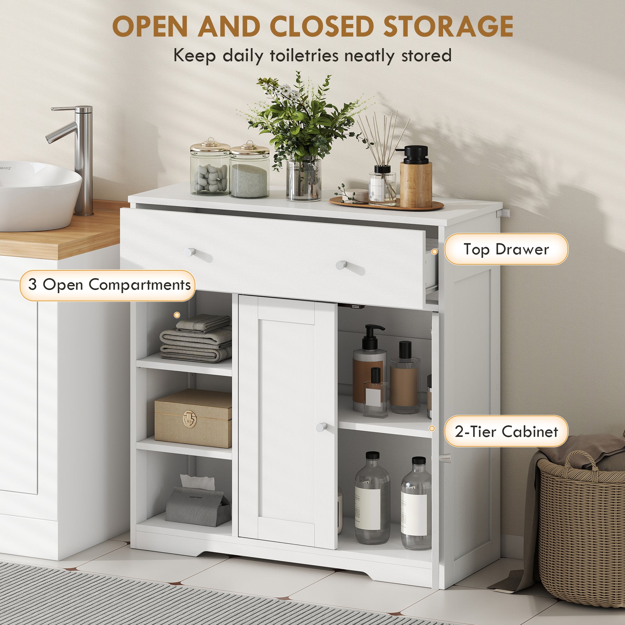 Bathroom Floor Cabinet, Freestanding Bathroom Cabinet with Drawer, Door, Open Shelves, for Bathroom, Bedroom and Living Room, White