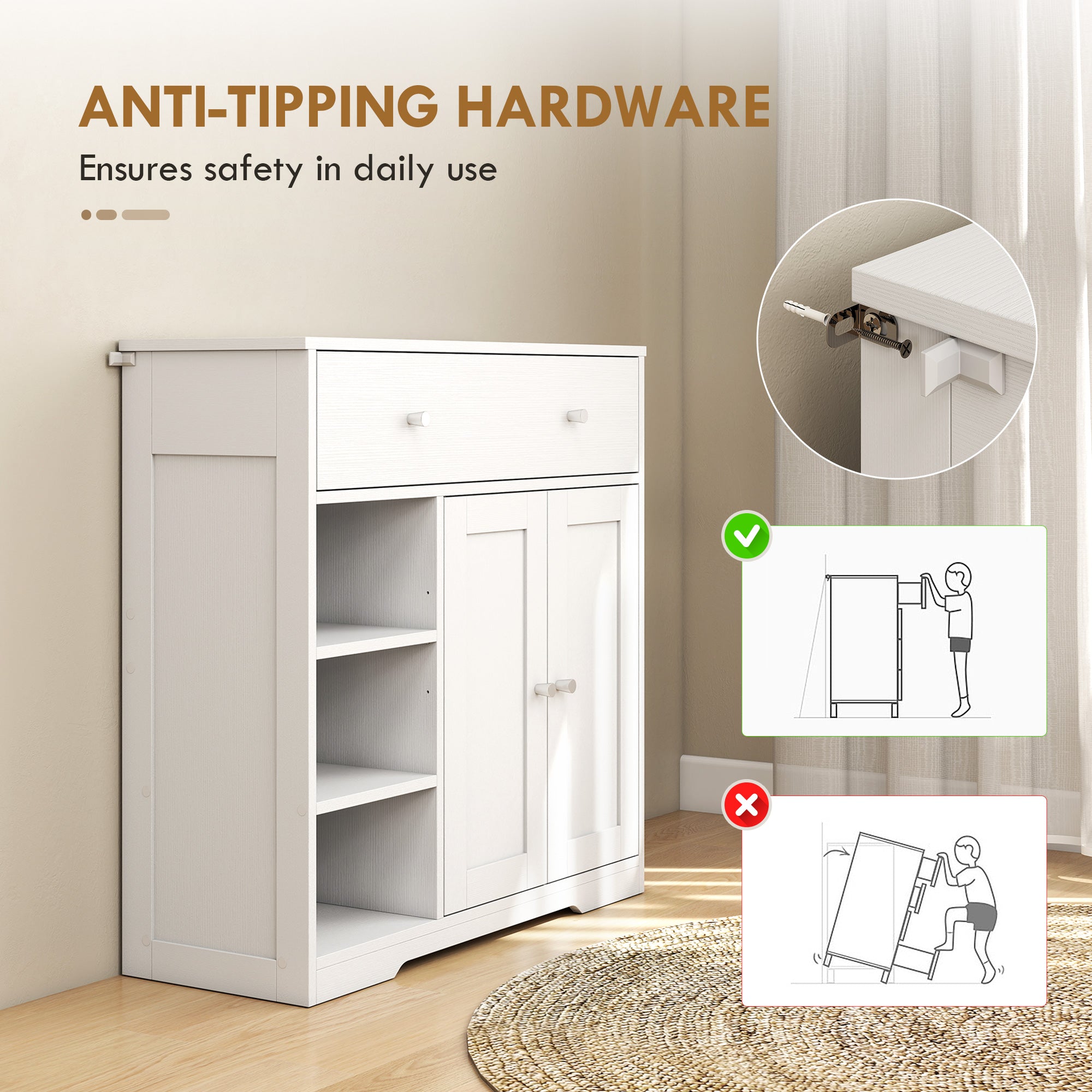 Bathroom Floor Cabinet, Freestanding Bathroom Cabinet with Drawer, Door, Open Shelves, for Bathroom, Bedroom and Living Room, White